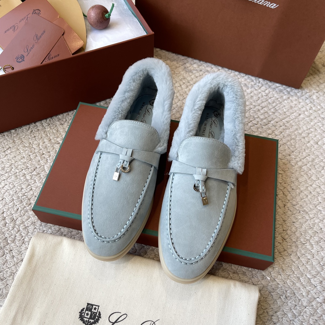 Loro Piana Shoes Loafers Moccasin Apricot Color Black Blue Caramel Green Grey Light Pink White Unisex Calfskin Chamois Cowhide Rabbit Hair Winter Collection