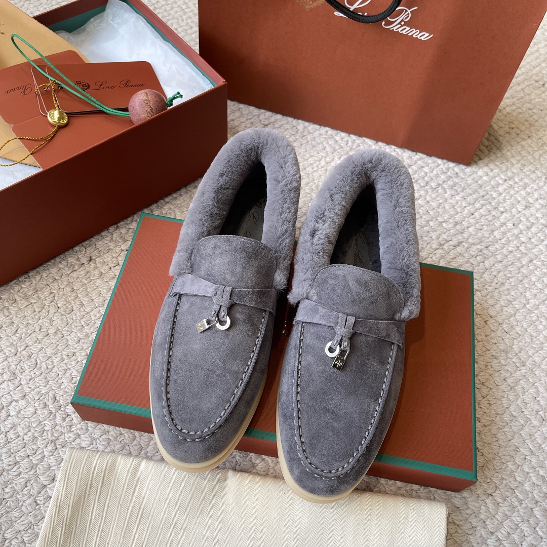 Top Quality Website
 Loro Piana Shoes Loafers Moccasin Apricot Color Black Blue Caramel Green Grey Light Pink White Unisex Calfskin Chamois Cowhide Rabbit Hair Winter Collection
