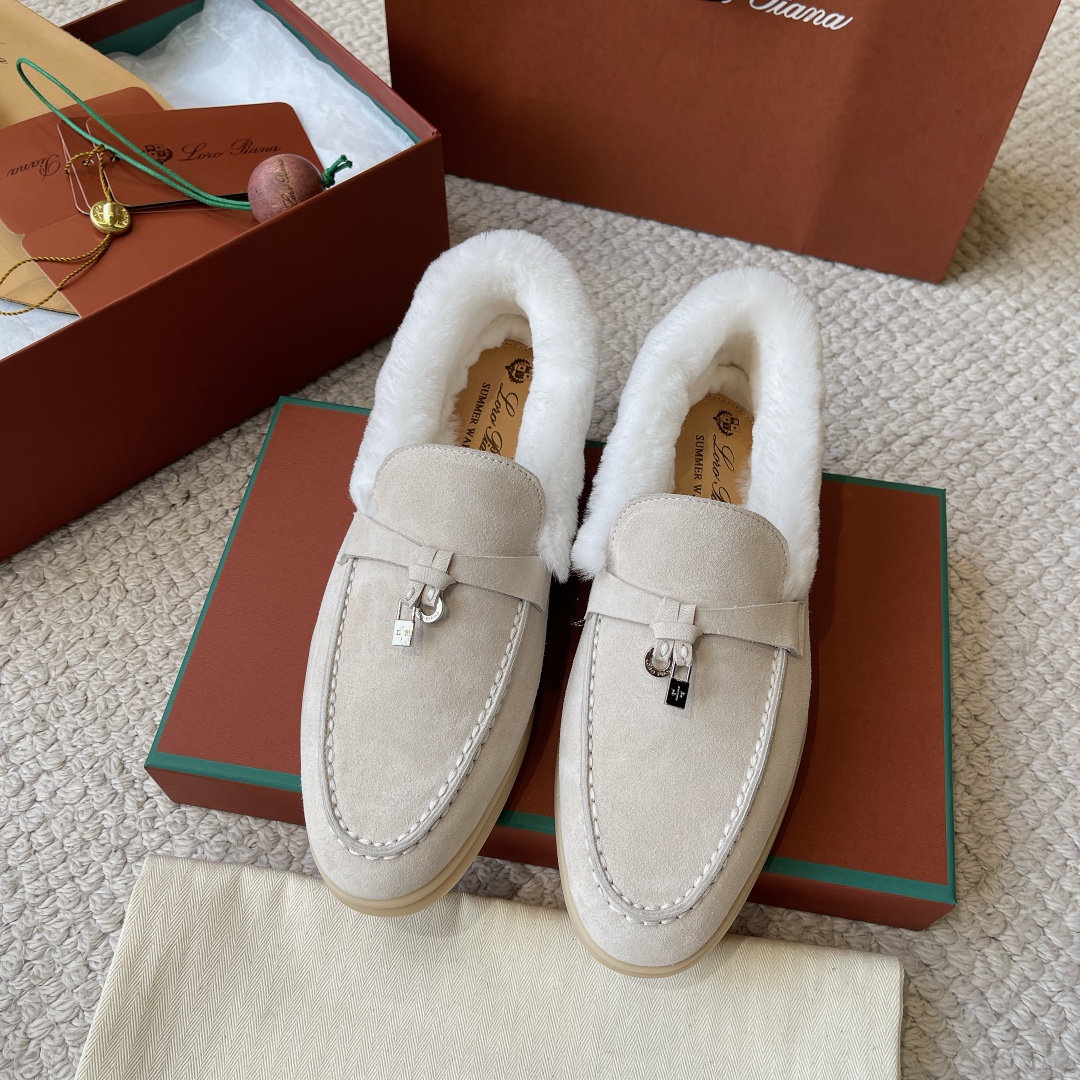Loro Piana New
 Shoes Loafers Moccasin Apricot Color Black Blue Caramel Green Grey Light Pink White Unisex Calfskin Chamois Cowhide Rabbit Hair Winter Collection