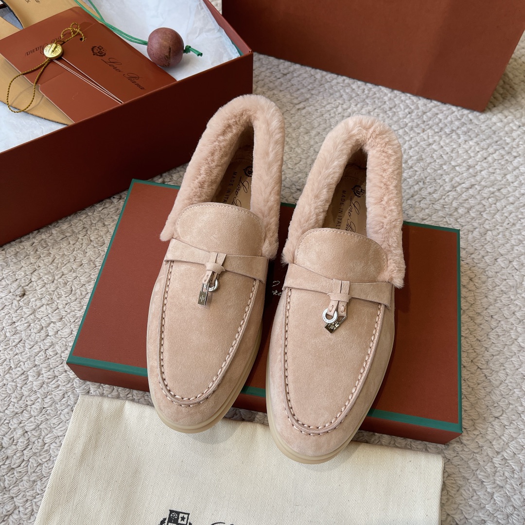 Loro Piana Shoes Loafers Moccasin Apricot Color Black Blue Caramel Green Grey Light Pink White Unisex Calfskin Chamois Cowhide Rabbit Hair Winter Collection