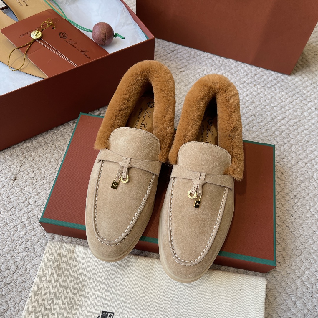 Loro Piana Shoes Loafers Moccasin First Top
 Apricot Color Black Blue Caramel Green Grey Light Pink White Unisex Calfskin Chamois Cowhide Rabbit Hair Winter Collection