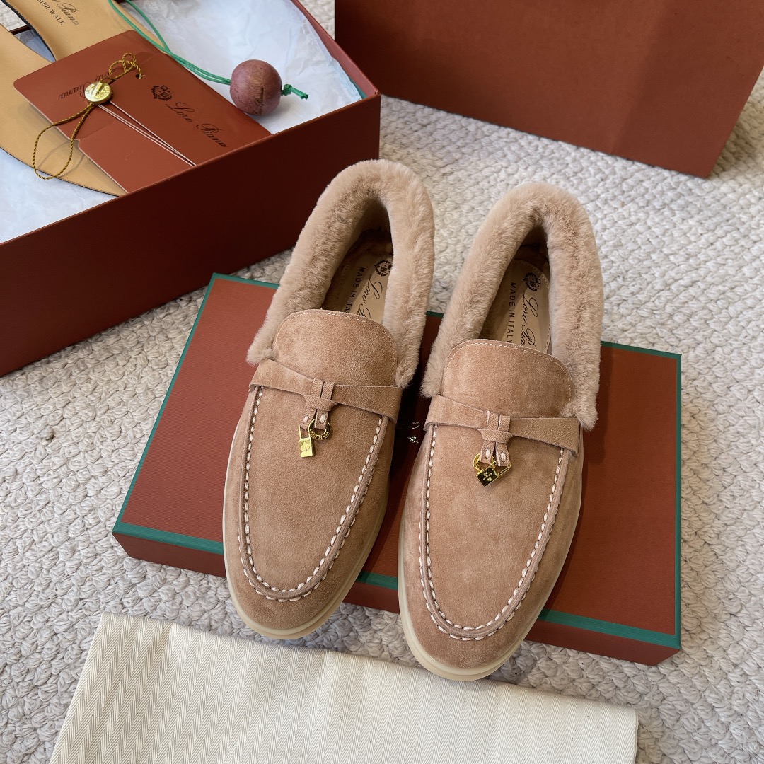 Loro Piana Shoes Loafers Moccasin Luxury Cheap
 Apricot Color Black Blue Caramel Green Grey Light Pink White Unisex Calfskin Chamois Cowhide Rabbit Hair Winter Collection