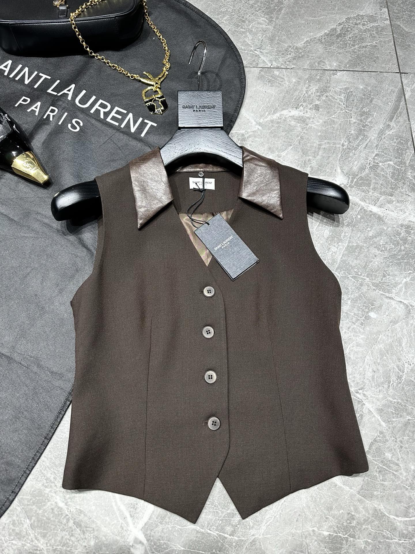 “Saint Laurent 2025 Female Suit Pack with Leather-Collar Vests for Work or Date”