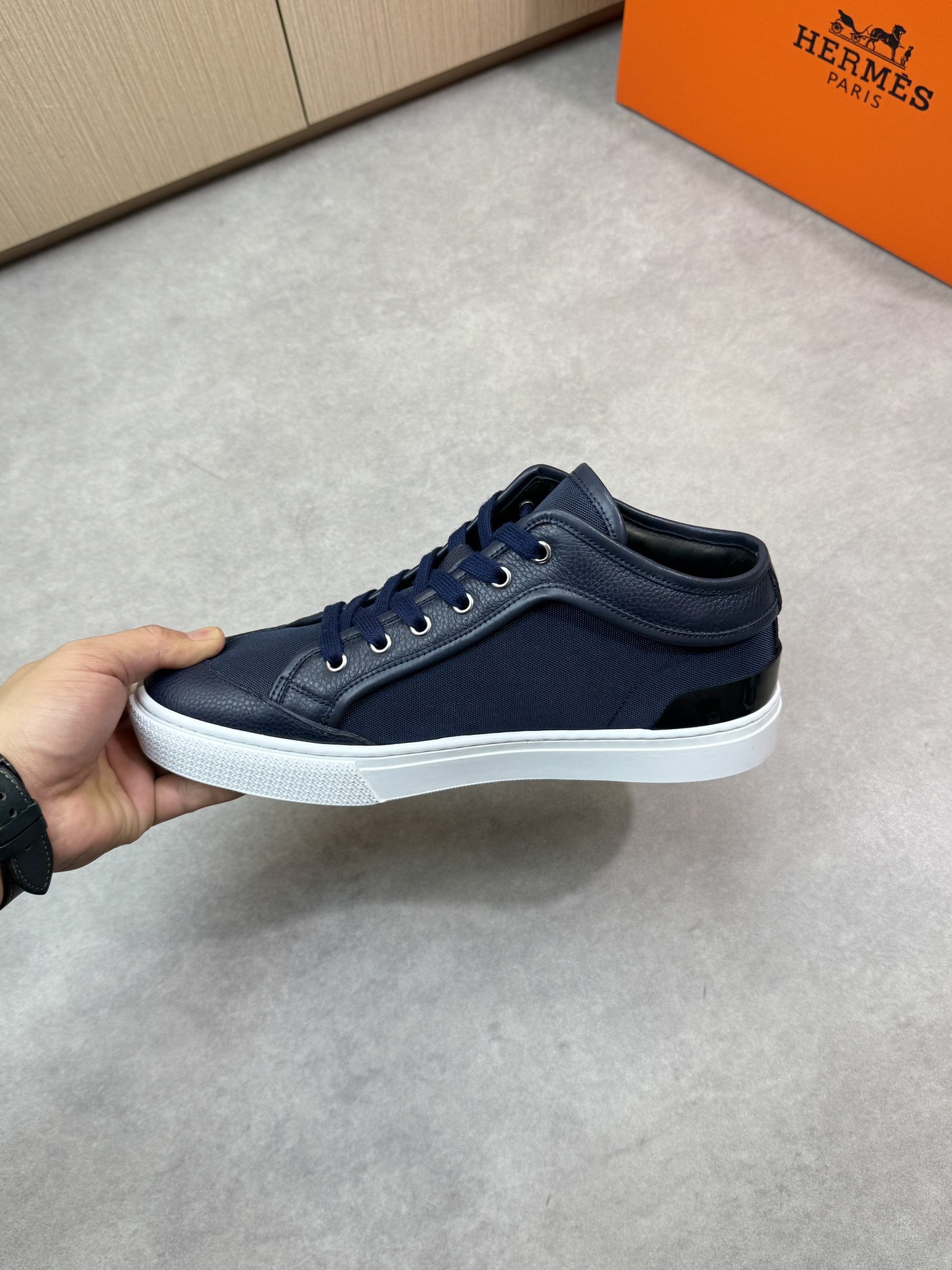 Hermes Men's Blue Leather Trim Canvas Sneakers Lace-Up Casual Shoes 6 i1743182500 7805 4