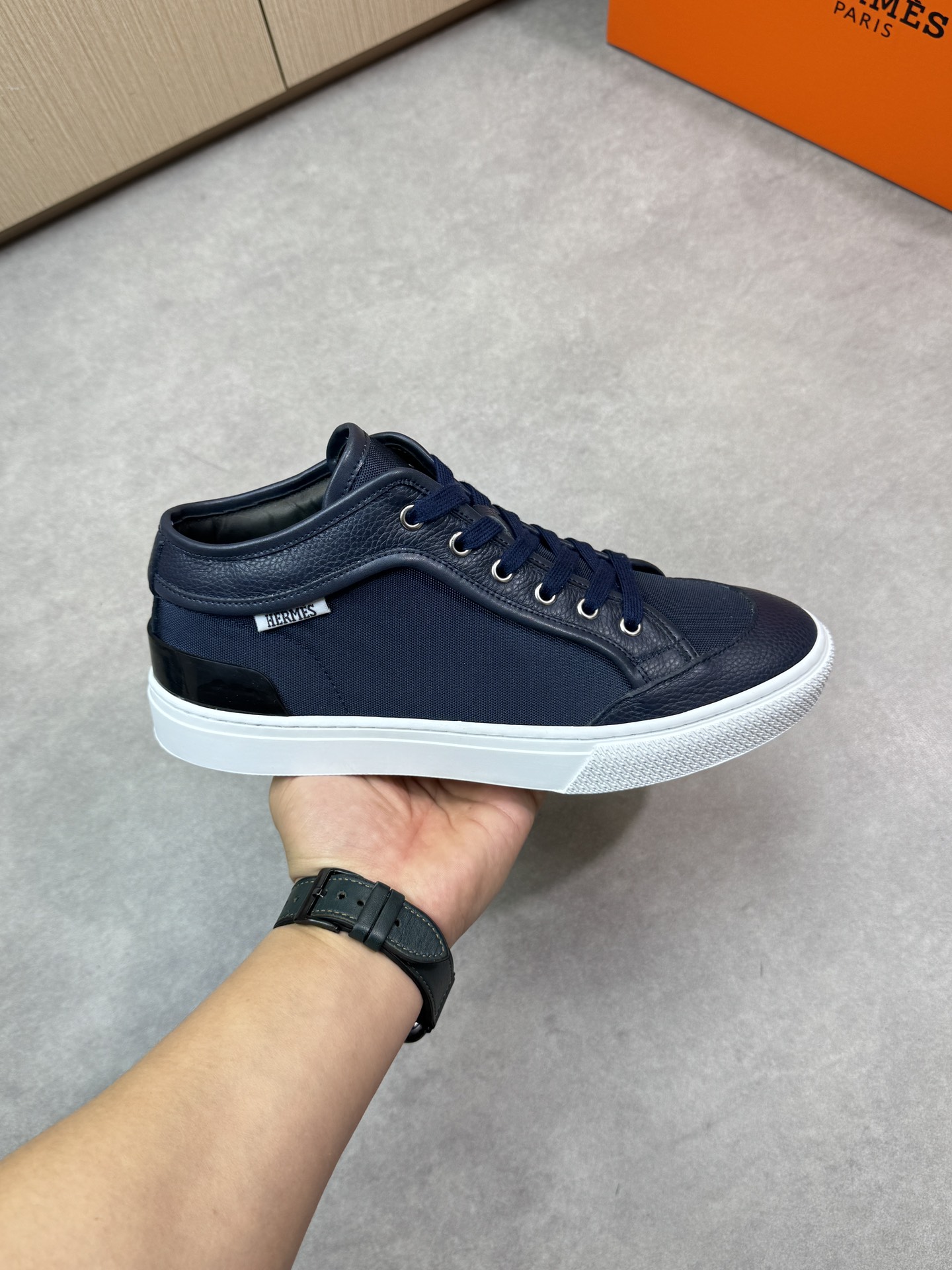 Hermes Men's Blue Leather Trim Canvas Sneakers Lace-Up Casual Shoes 5 i1743182500 8900 3