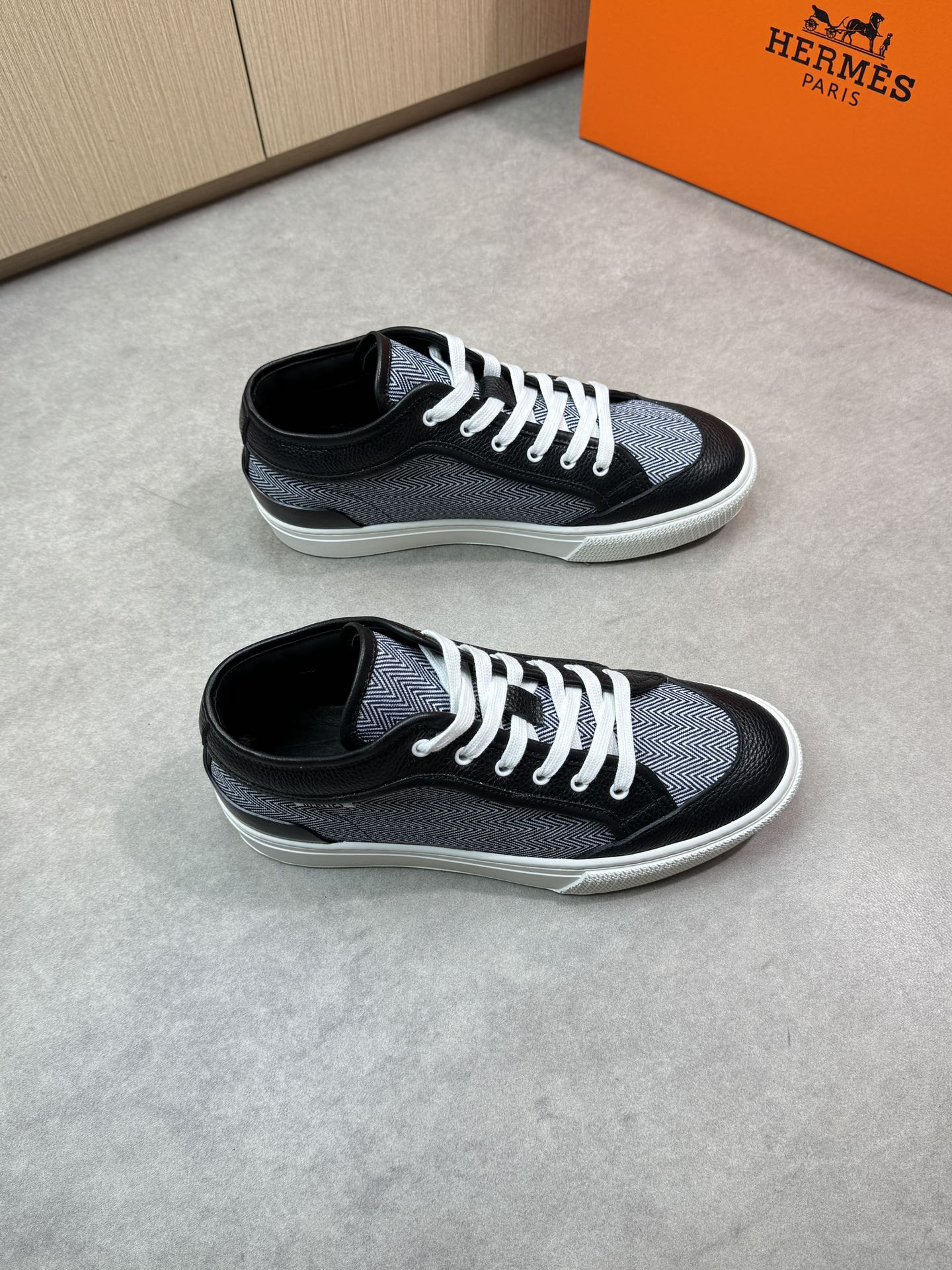 Hermes Men's Leather & Canvas Sneakers, Black & White, Sizes 38-44 1 Hermes Men's Leather & Canvas Sneakers, Black & White, Sizes 38-44