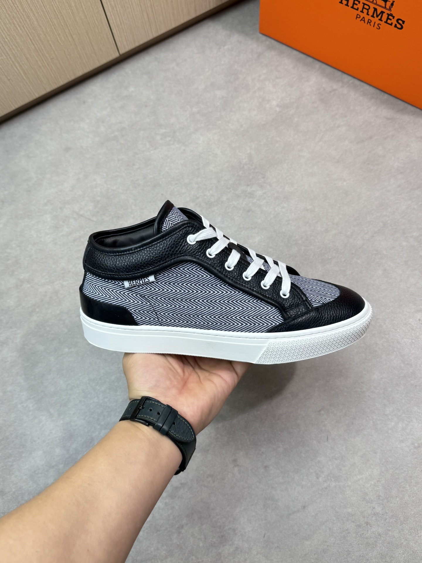 Hermes Men's Leather & Canvas Sneakers, Black & White, Sizes 38-44 5 i1743182588 4511 3