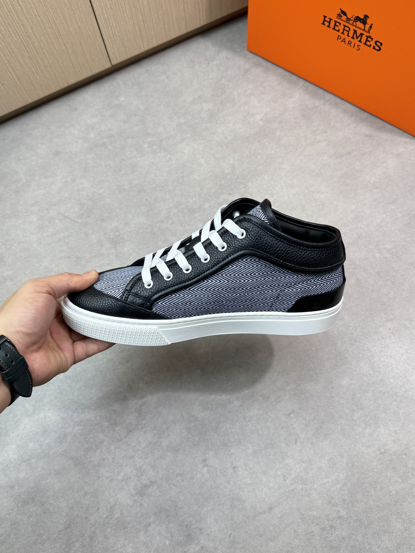 Hermes Men's Leather & Canvas Sneakers, Black & White, Sizes 38-44 6 i1743182588 5386 4