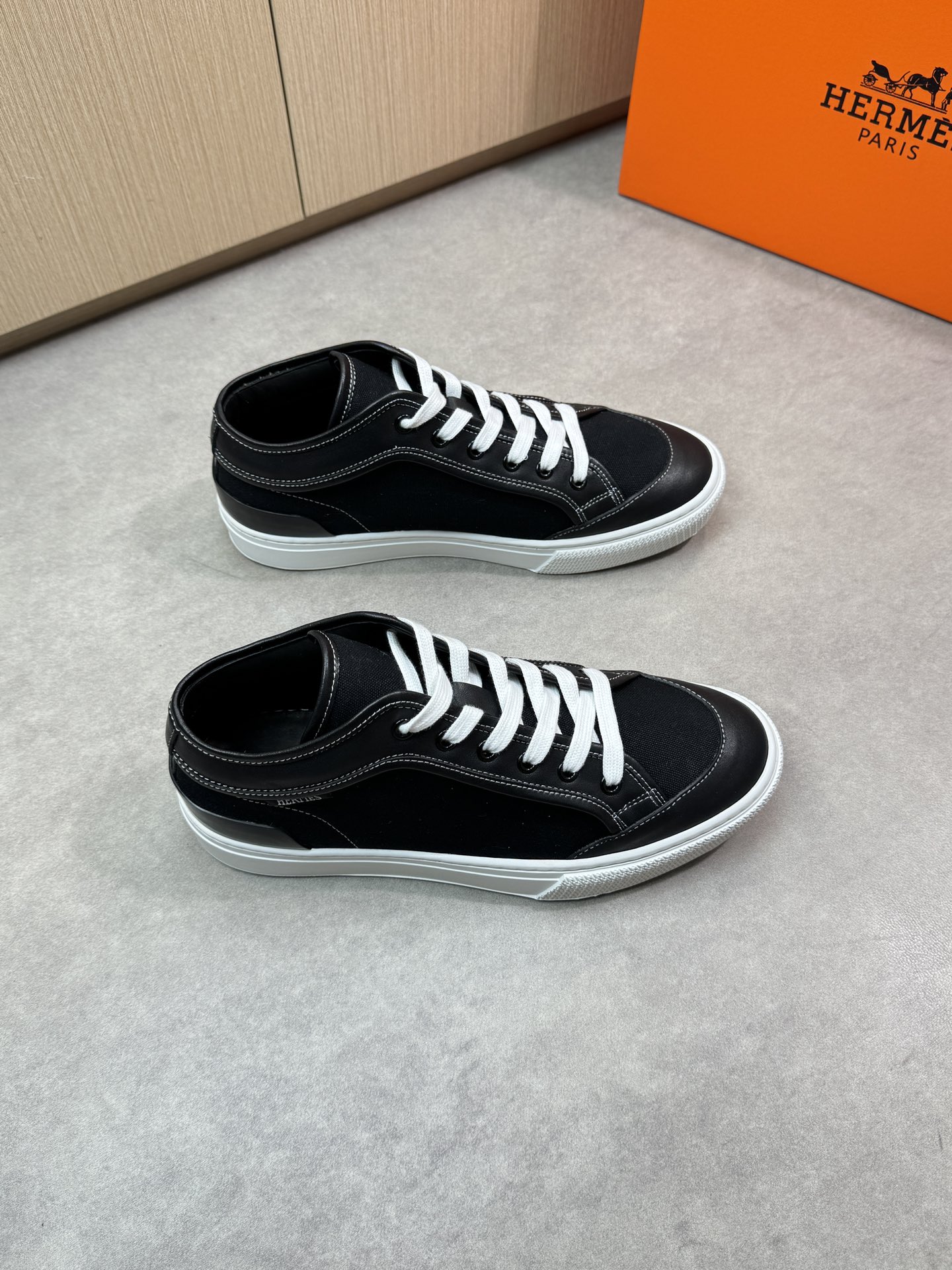 Hermes Men's Black Leather and Canvas Low-Top Sneakers, Sizes 38-44 1 Hermes Men's Black Leather and Canvas Low-Top Sneakers, Sizes 38-44