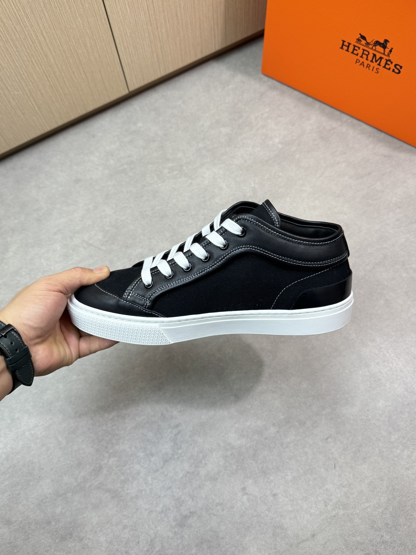 Hermes Men's Black Leather and Canvas Low-Top Sneakers, Sizes 38-44 6 i1743182623 147 4