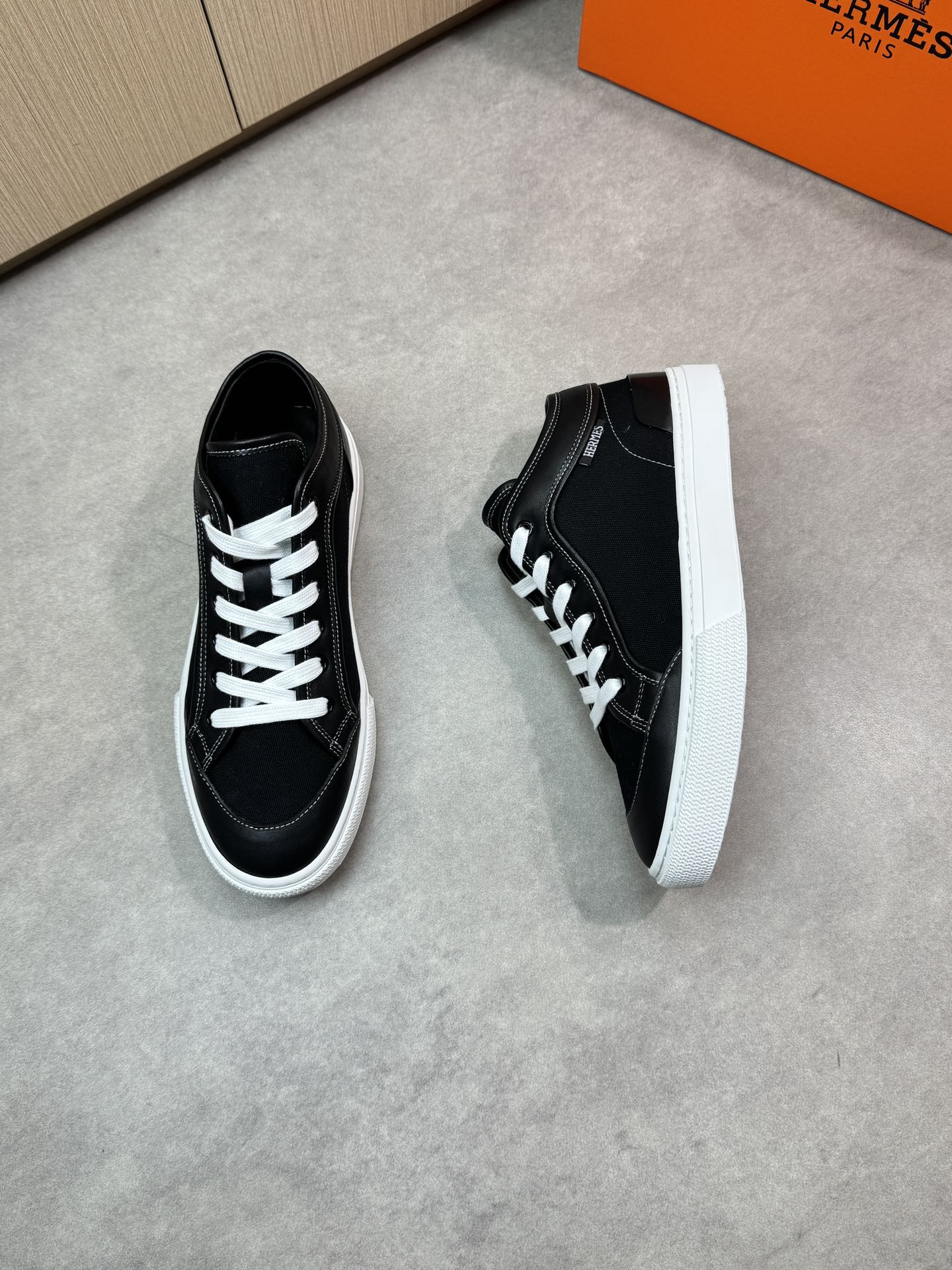 Hermes Men's Black Leather and Canvas Low-Top Sneakers, Sizes 38-44 3 i1743182623 51 1