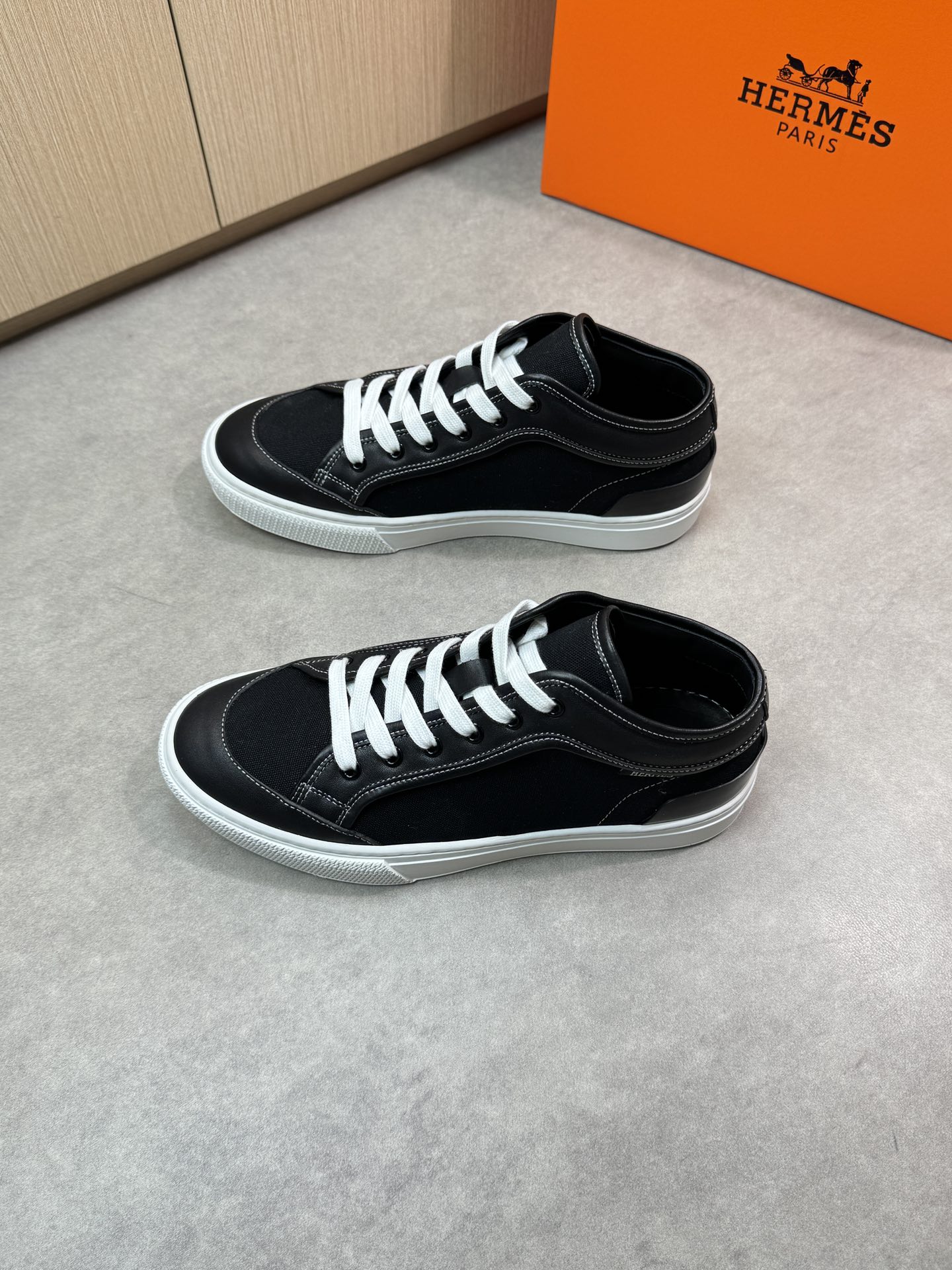 Hermes Men's Black Leather and Canvas Low-Top Sneakers, Sizes 38-44 4 i1743182623 8430 2