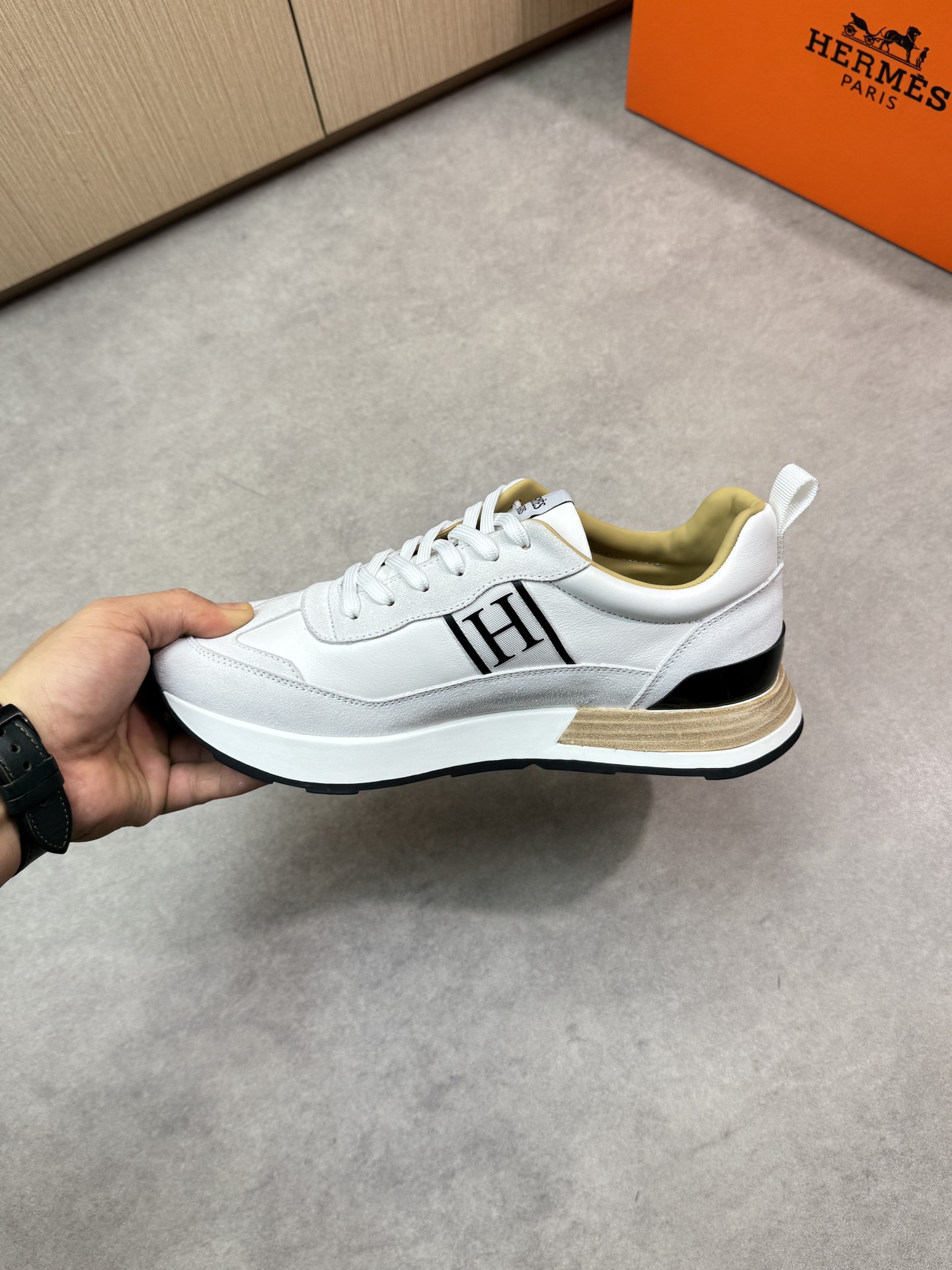 Hermès White Nappa Leather & Suede Sneakers with Logo Webbing 6 i1743183602 757 4