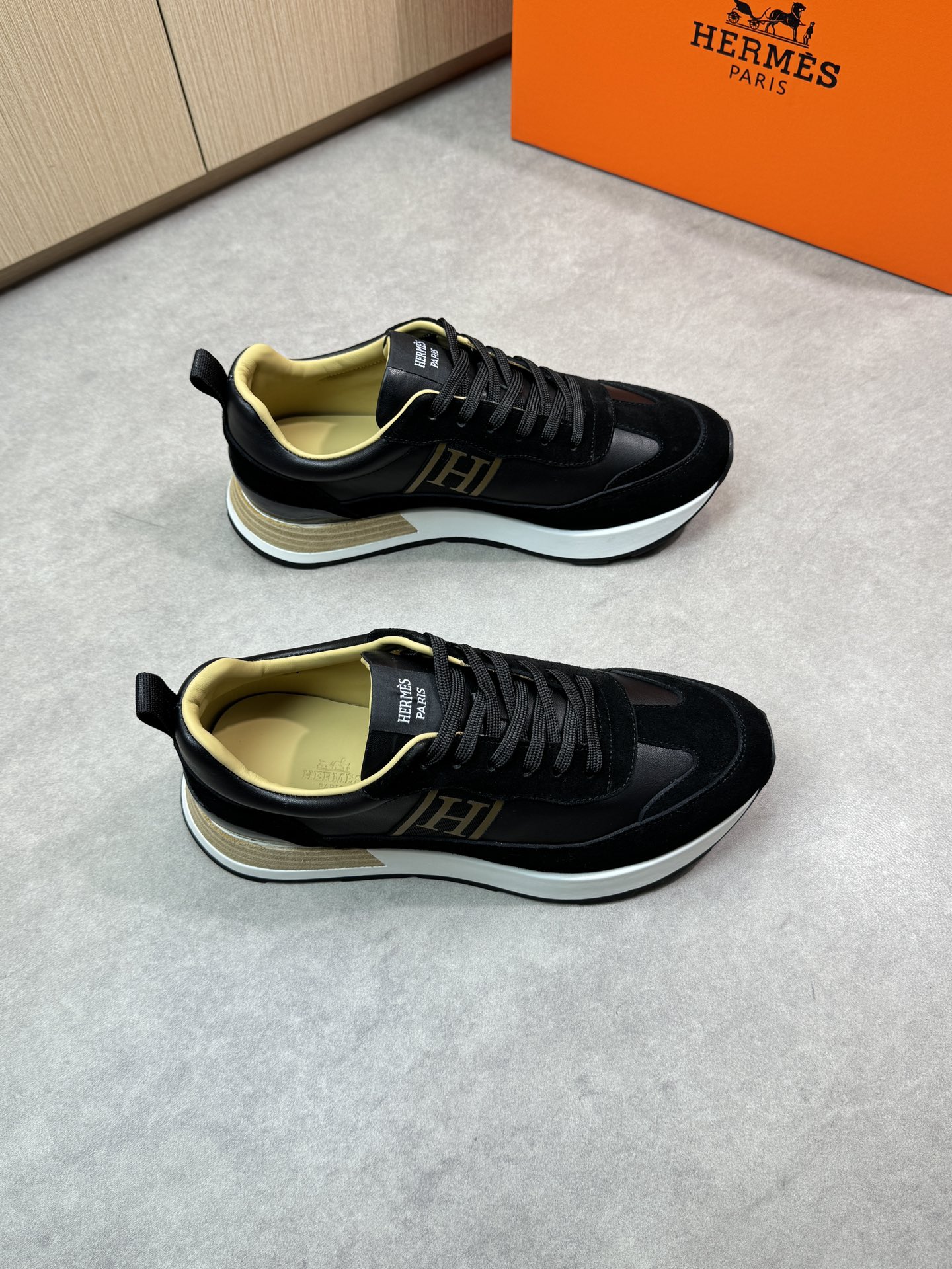 Hermes Men's Black Nappa & Suede Leather Sneakers with 'H' Logo - Size 39-44 1 Hermes Men's Black Nappa & Suede Leather Sneakers with 'H' Logo - Size 39-44