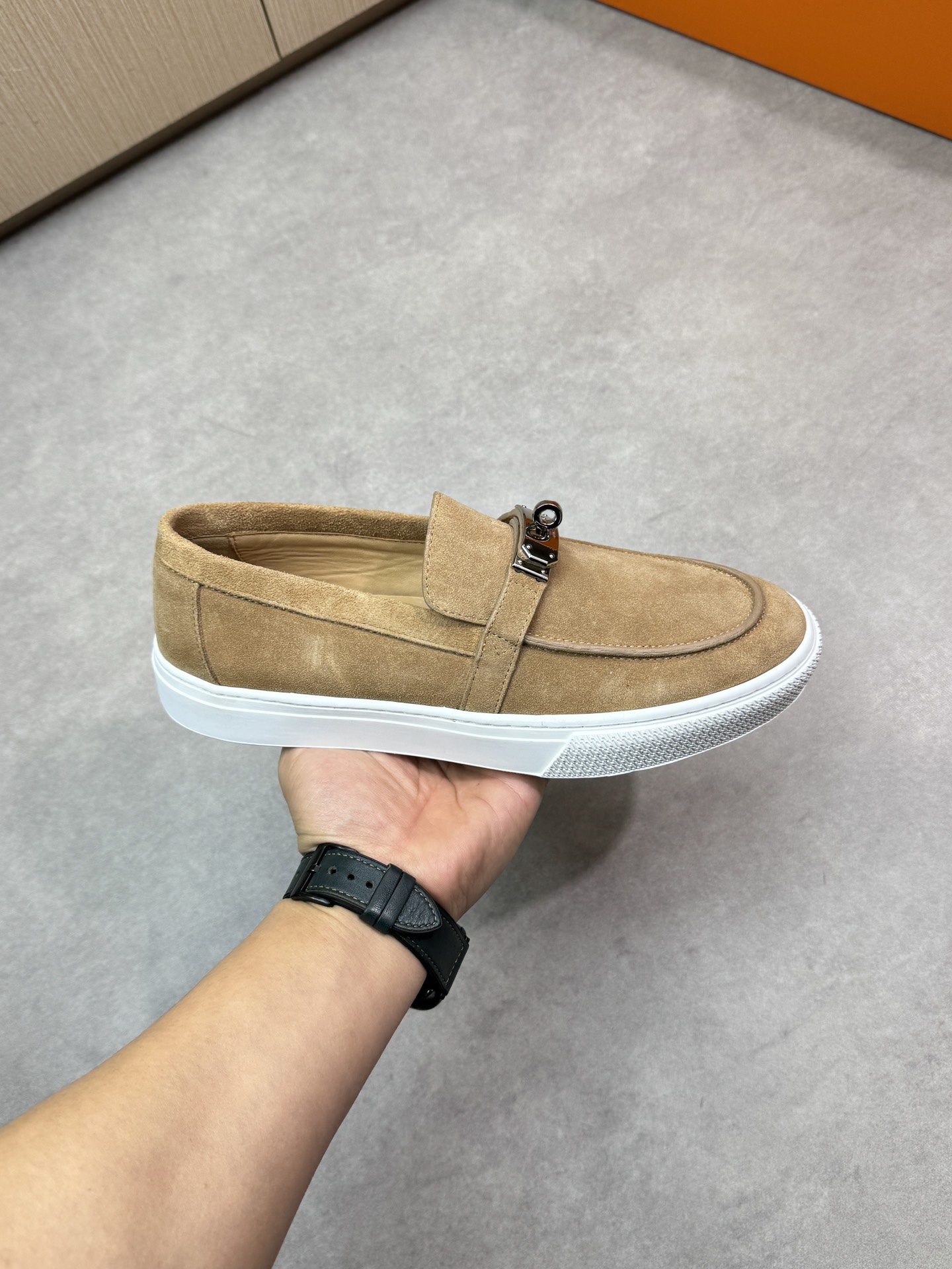 Hermes Men's Casual Loafers Suede Leather with Metal Buckle, Beige ,Size 38-44 5 i1743354721 2539 3