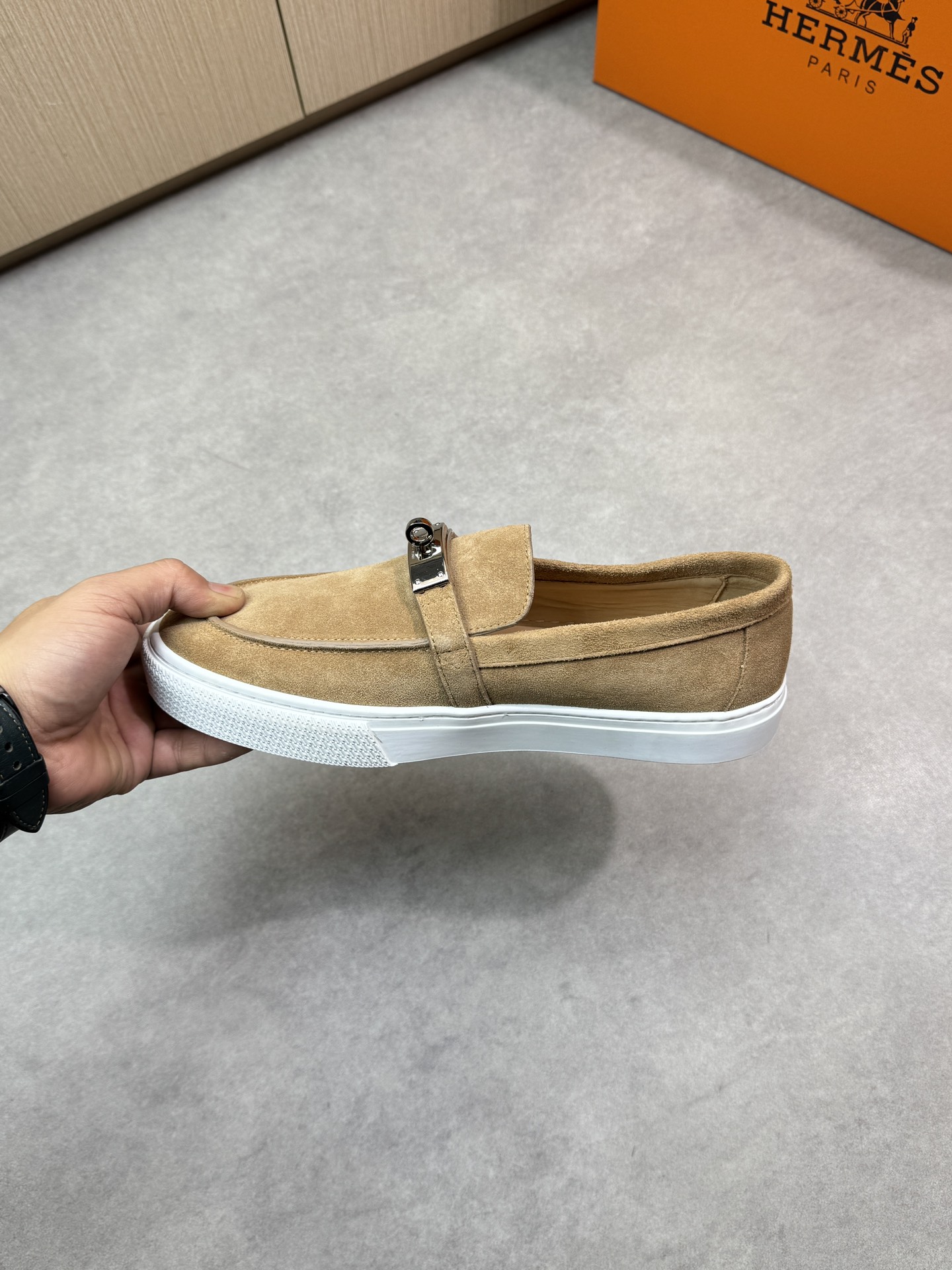 Hermes Men's Casual Loafers Suede Leather with Metal Buckle, Beige ,Size 38-44 6 i1743354721 3104 4