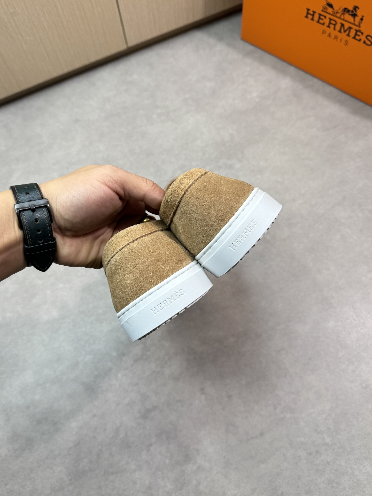 Hermes Men's Casual Loafers Suede Leather with Metal Buckle, Beige ,Size 38-44 9 i1743354721 9947 7