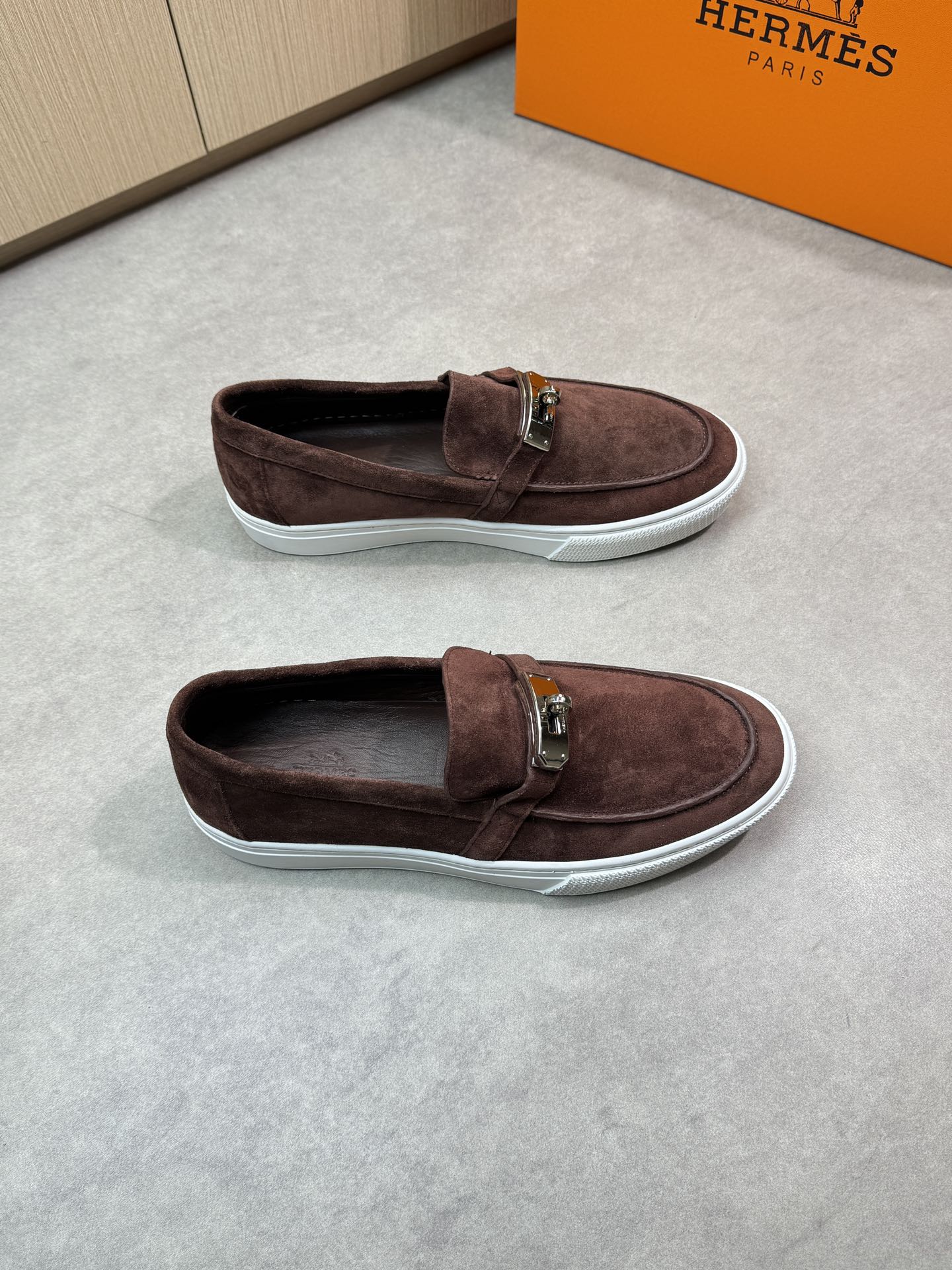 Hermes Premium Quality Suede Leather Loafers with Metal Buckle Detail 1 Hermes Premium Quality Suede Leather Loafers with Metal Buckle Detail