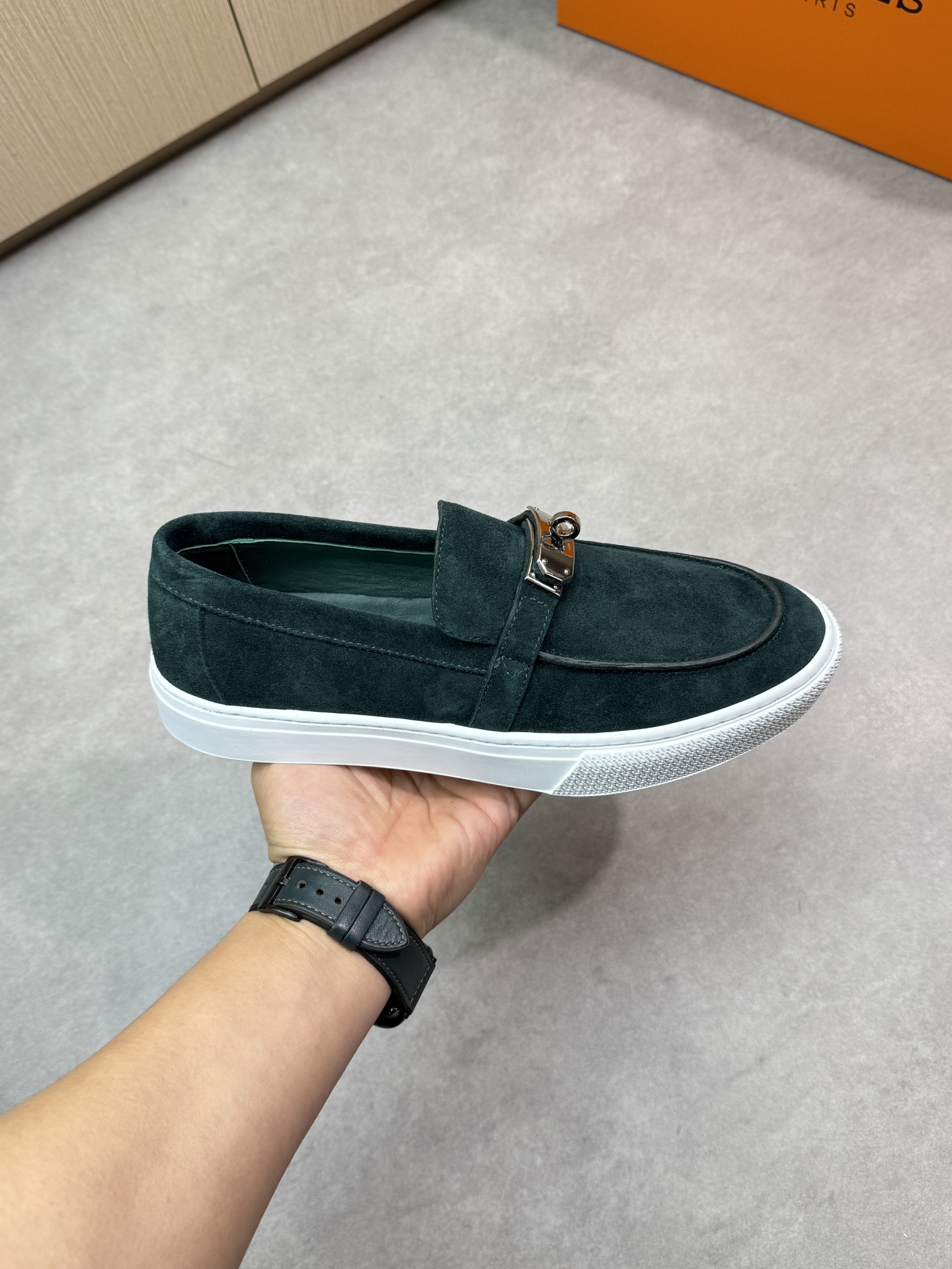 Hermès Premium Leather Sneakers with Metal Buckle Accent, Emerald Green 5 i1743354779 4452 3