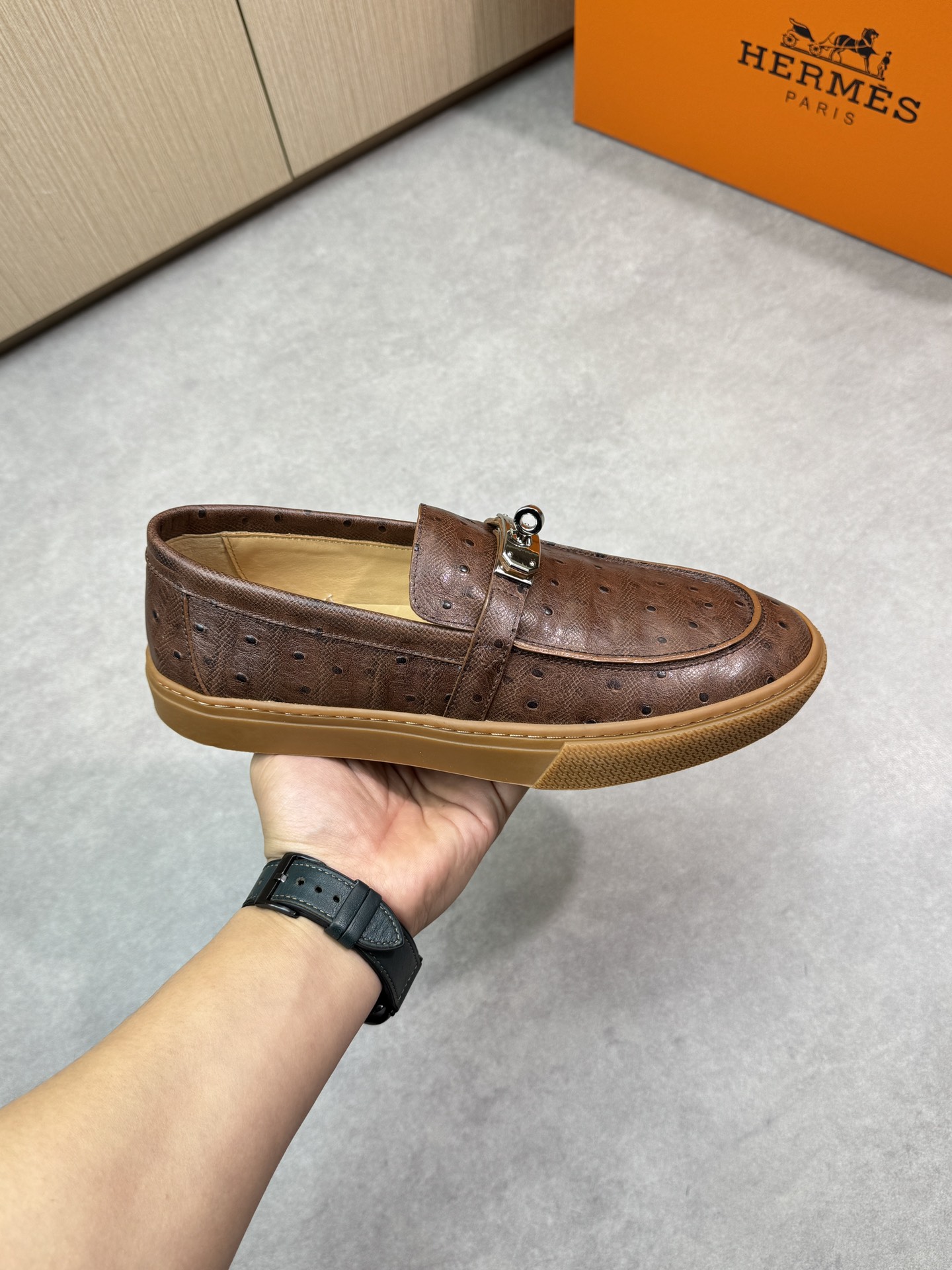 Hermes Men's Brown Leather Loafers with Metal Buckle Accent - Size 38-44 5 i1743354808 2059 3