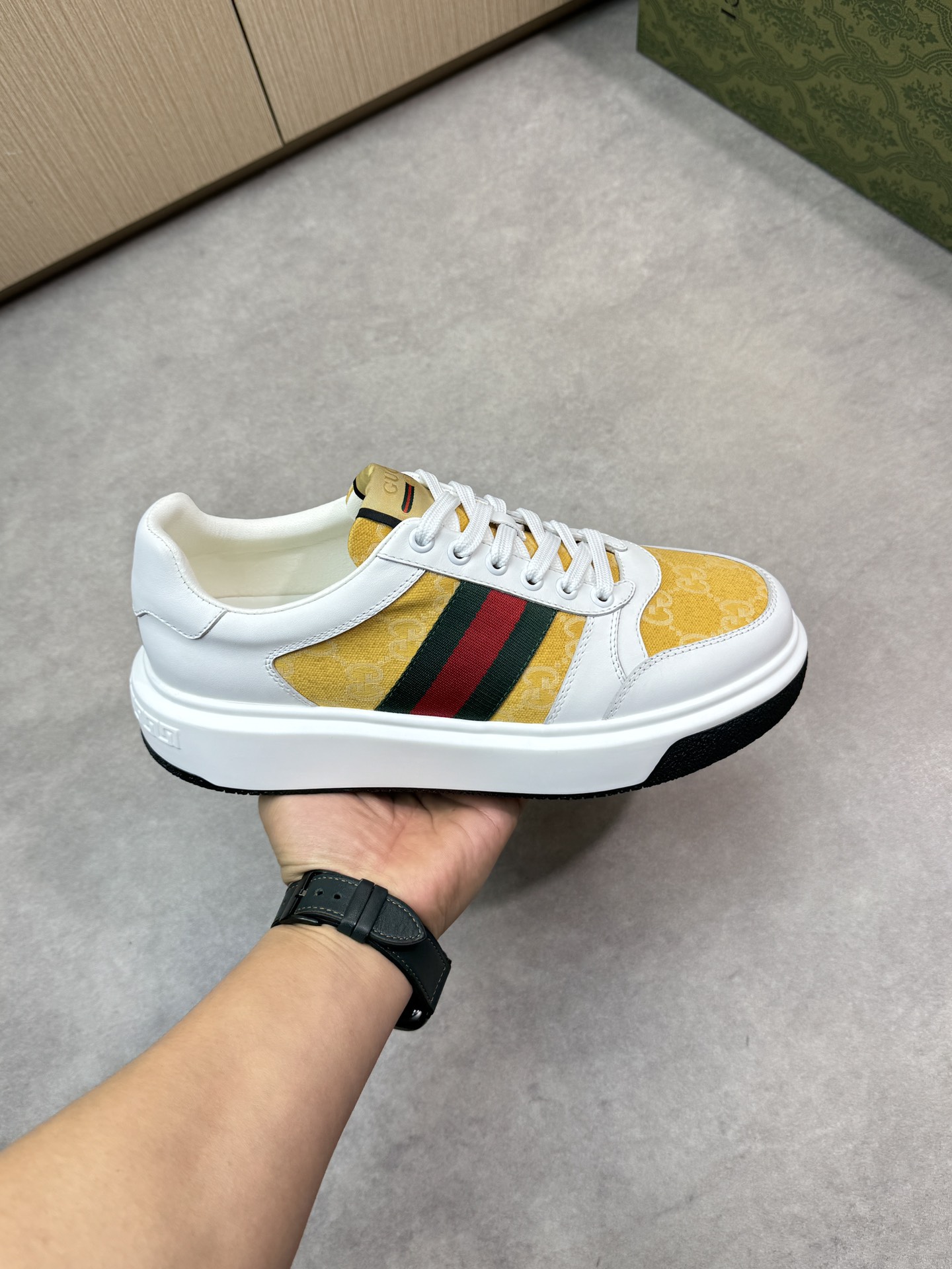 Gucci Men's Leather Sneaker with Web stripe and gold Gucci print 5 i1743355748 6554 3