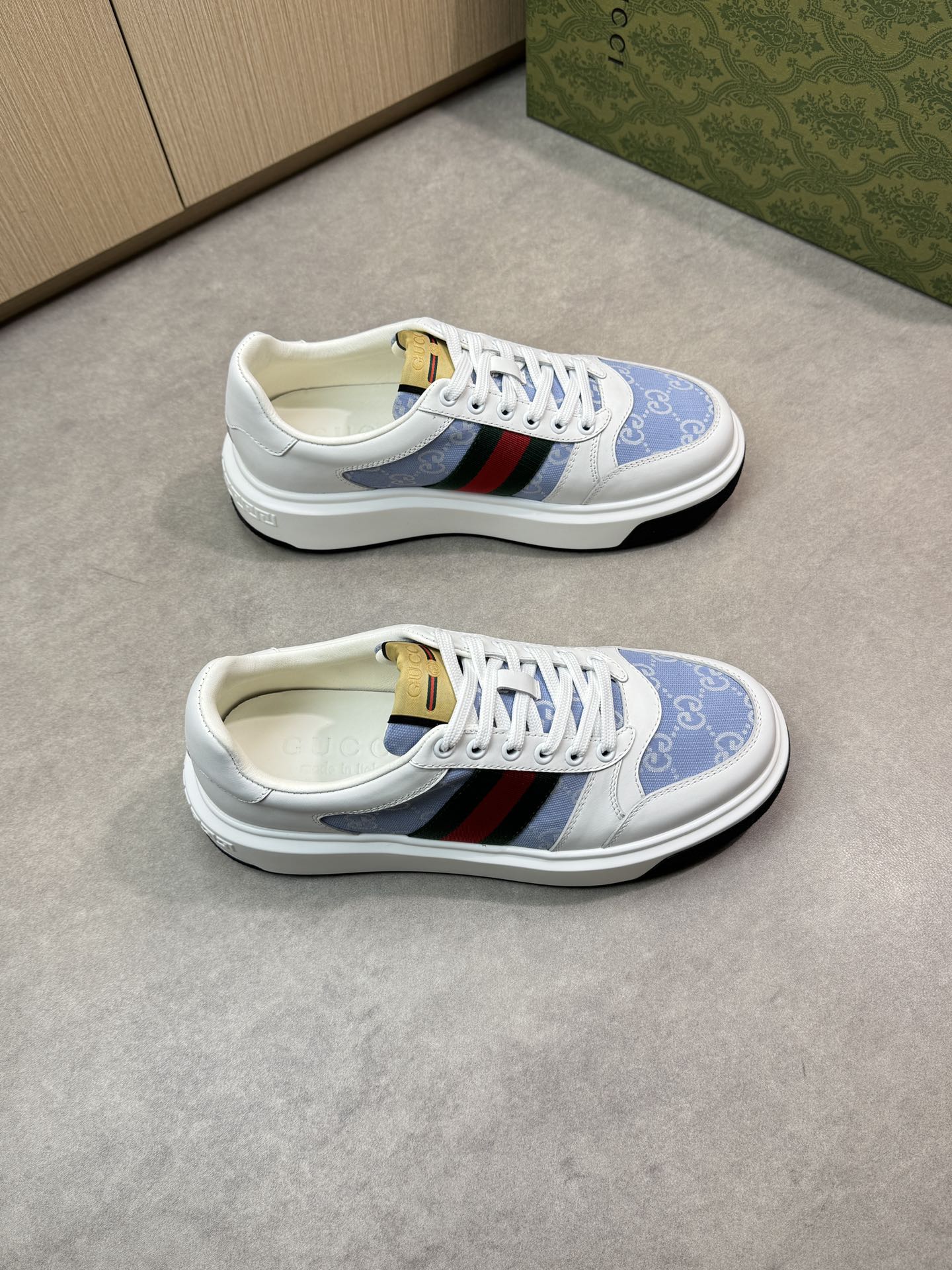 Gucci Men's Ace Leather Sneaker with GG Canvas and Web stripe 1 Gucci Men's Ace Leather Sneaker with GG Canvas and Web stripe
