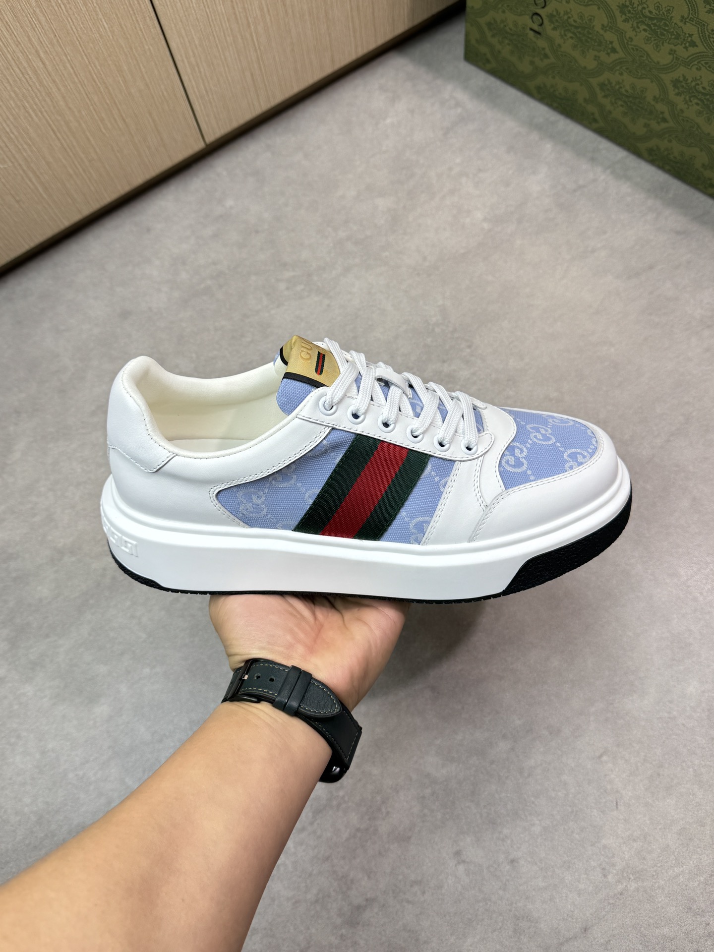 Gucci Men's Ace Leather Sneaker with GG Canvas and Web stripe 5 i1743355817 9311 3