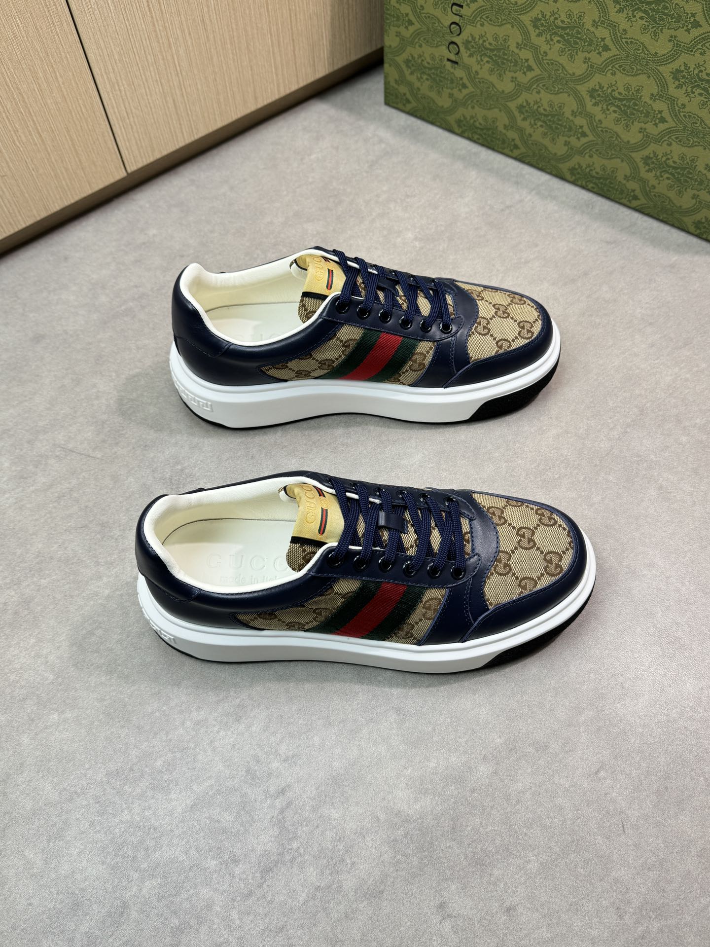 Gucci Men's Nappa Leather and Canvas Sneakers with Web Stripe 1 Gucci Men's Nappa Leather and Canvas Sneakers with Web Stripe
