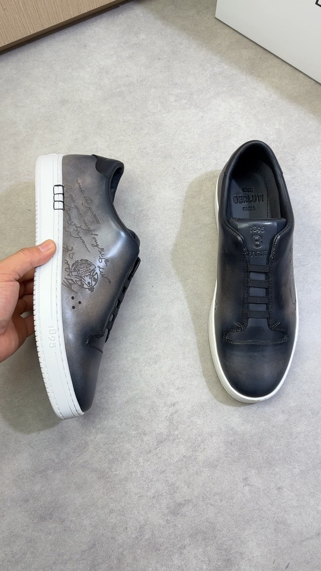 Berluti Men's Leather Sneaker with Laser Brand Design, Casual Sports Shoes