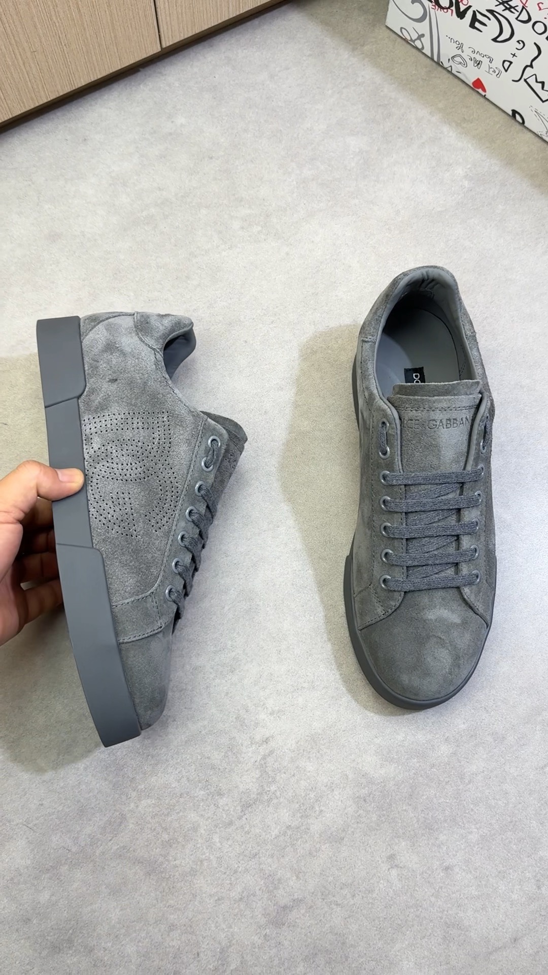 Dolce & Gabbana Gray Suede Leather Sneaker with Perforated DG Logo