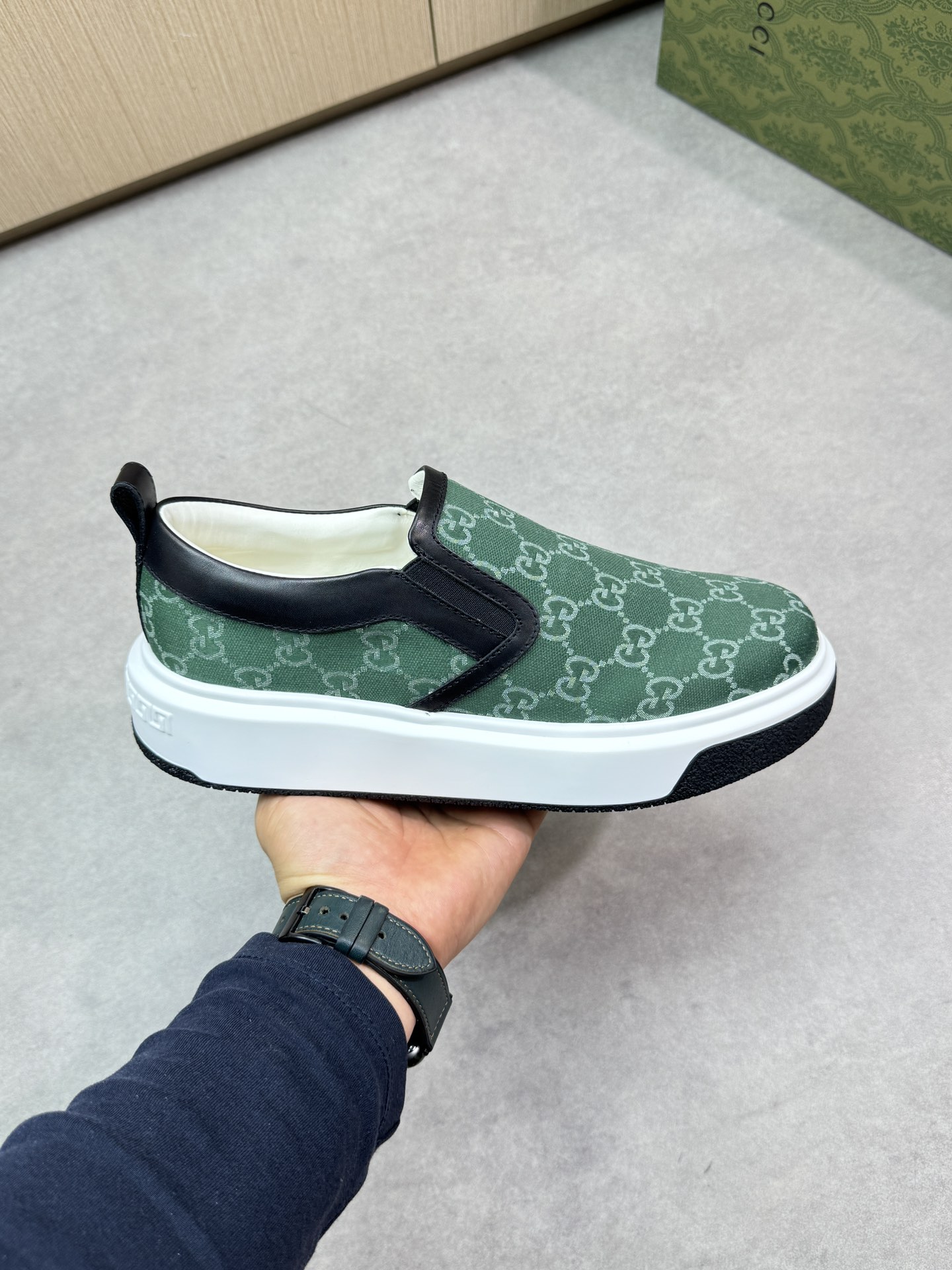 Gucci Men's Green GG Supreme Canvas Slip-On Sneakers, Size 38-44 5 i1744737474 6545 3