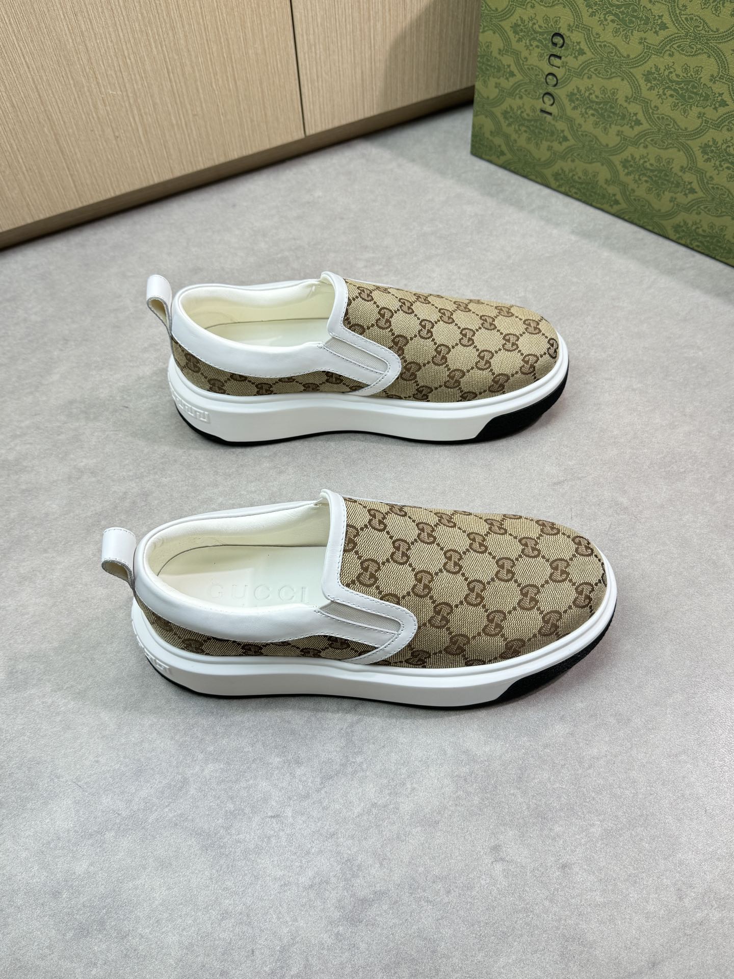 Gucci Slip-On Sneakers in GG Canvas with Leather Trim, Size 38-44 1 Gucci Slip-On Sneakers in GG Canvas with Leather Trim, Size 38-44