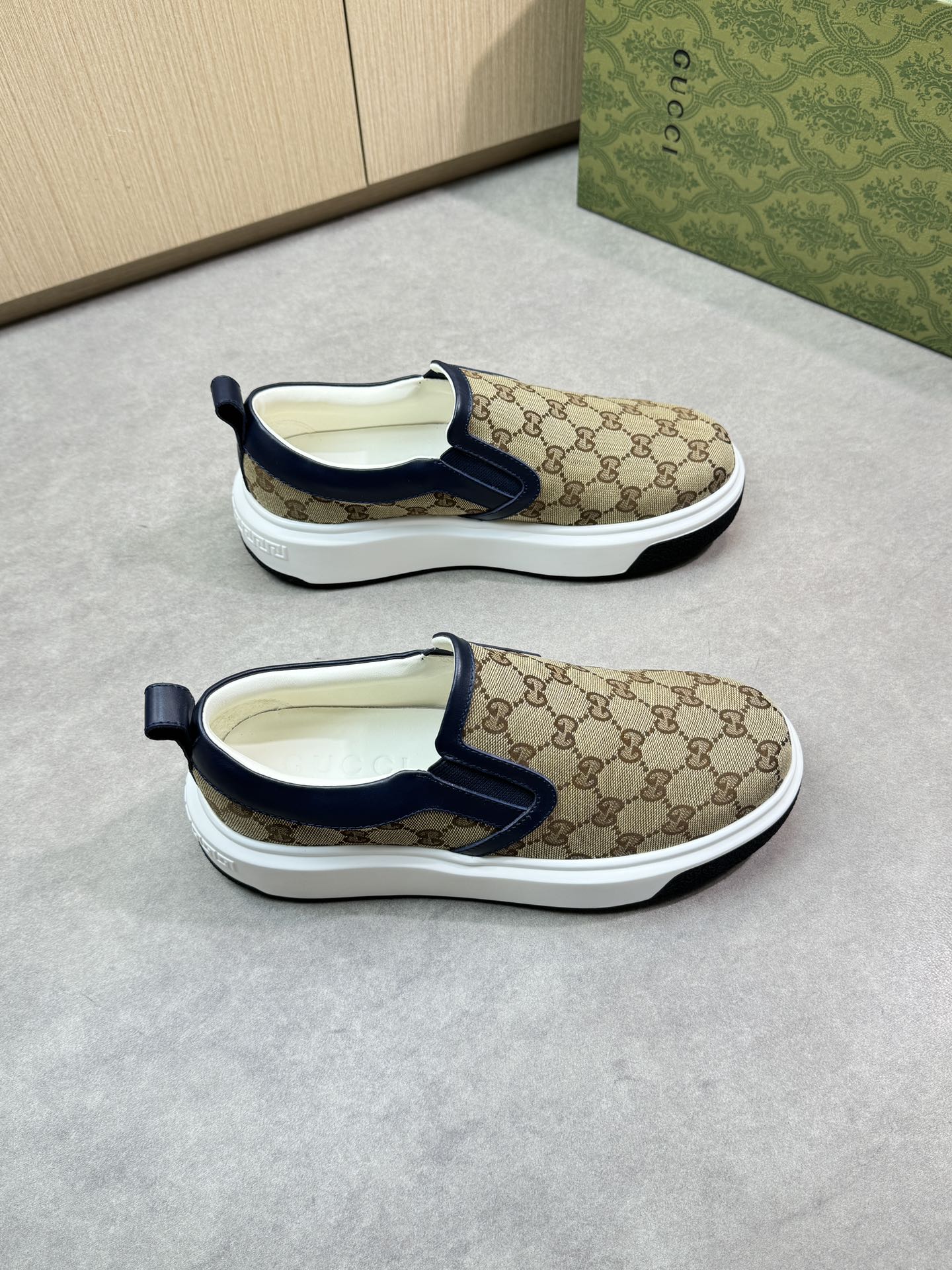 Gucci Slip-On Sneakers in Signature GG Canvas with Leather Trim - Size 38-44 1 Gucci Slip-On Sneakers in Signature GG Canvas with Leather Trim - Size 38-44