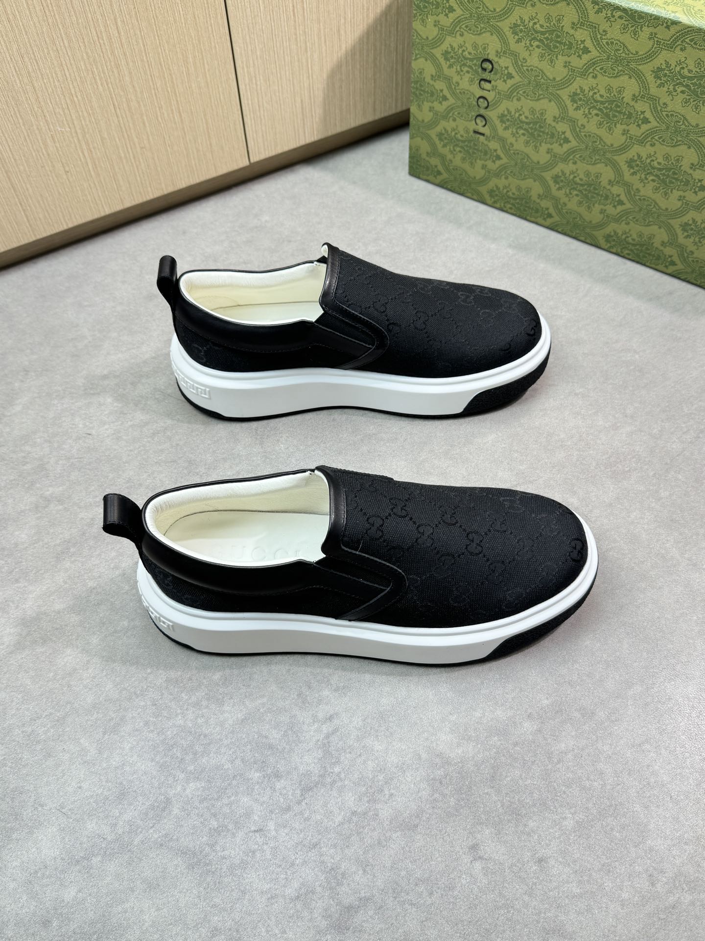 Gucci Men's Black Nappa Leather Slip-On Sneakers With GG Motif 1 Gucci Men's Black Nappa Leather Slip-On Sneakers With GG Motif