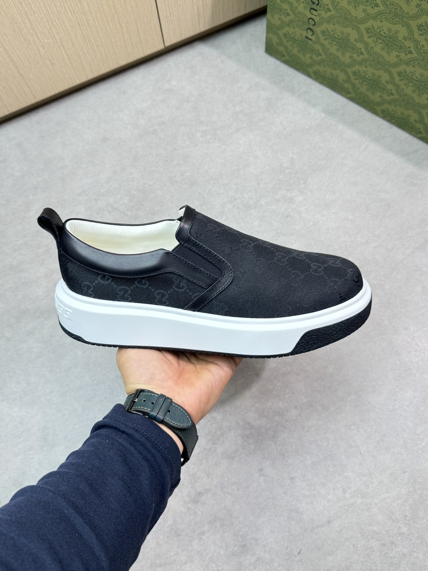 Gucci Men's Black Nappa Leather Slip-On Sneakers With GG Motif 5 i1744737550 1632 3