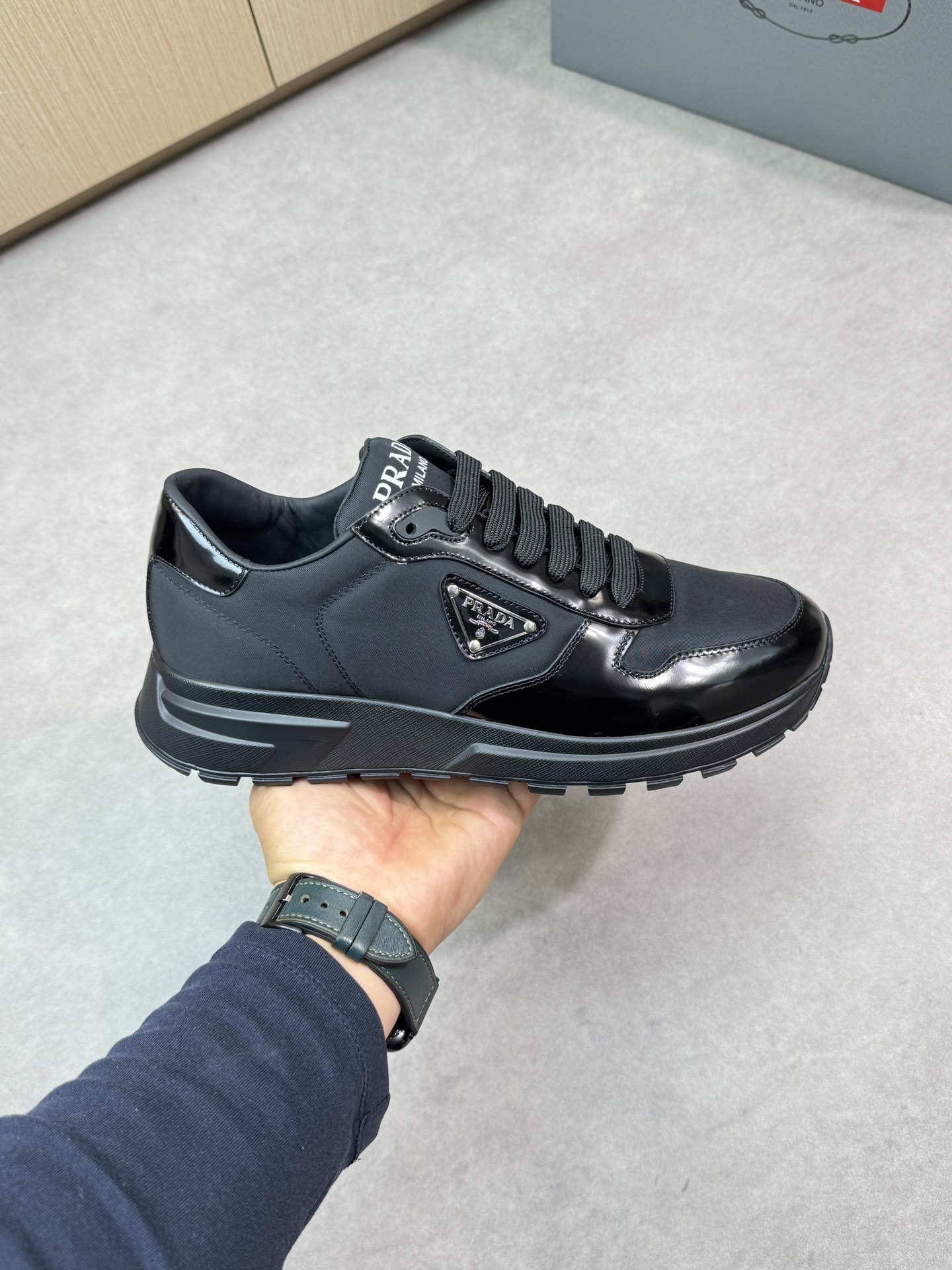 Prada Men's Nappa Leather Trimmed Sneakers Lace-up Casual Shoes, Black 5 i1744824898 1710 3