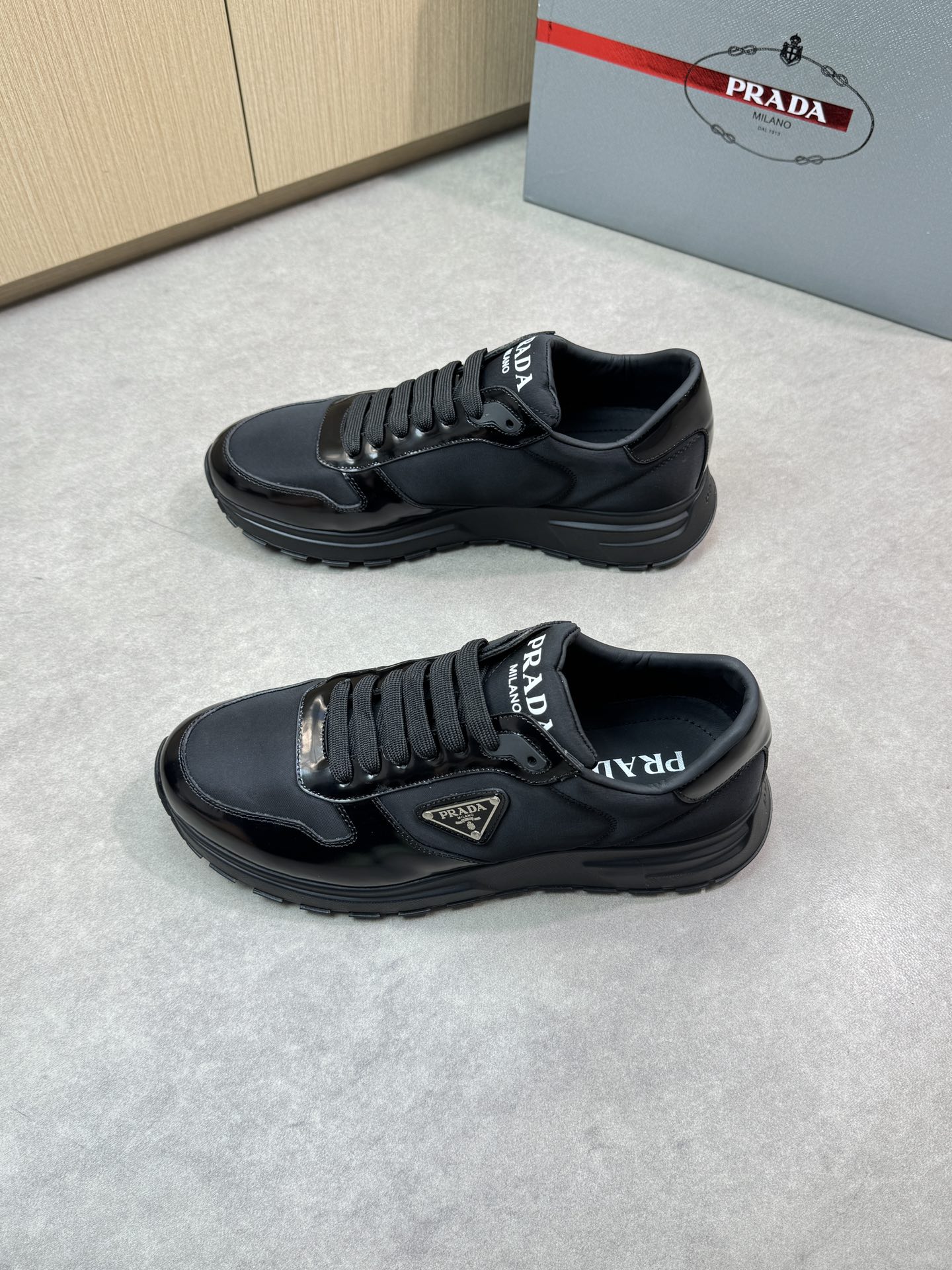 Prada Men's Nappa Leather Trimmed Sneakers Lace-up Casual Shoes, Black 4 i1744824898 667 2