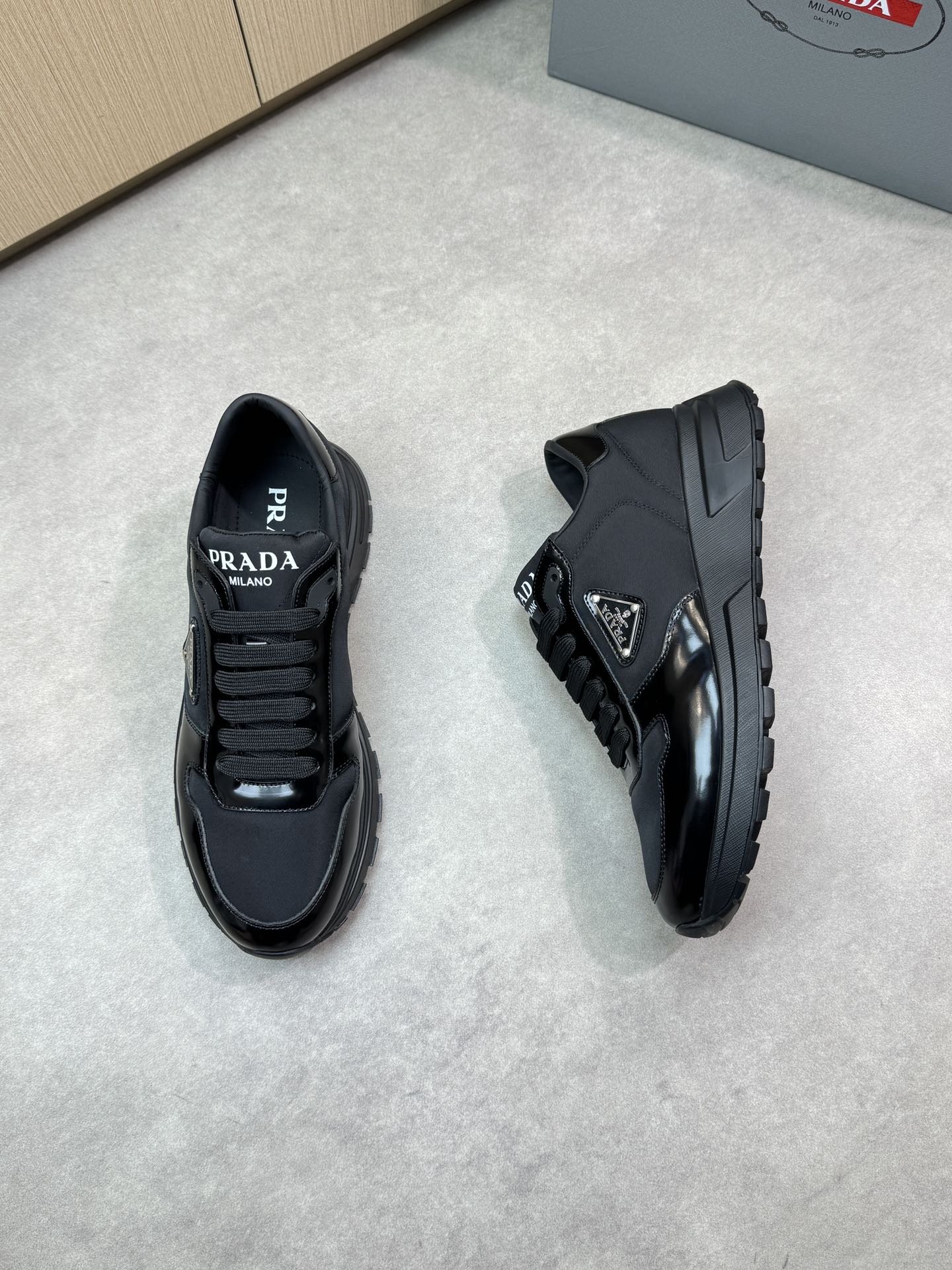 Prada Men's Nappa Leather Trimmed Sneakers Lace-up Casual Shoes, Black 3 i1744824898 9221 1