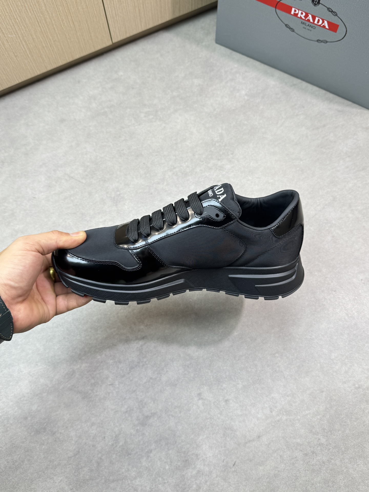 Prada Men's Nappa Leather Trimmed Sneakers Lace-up Casual Shoes, Black 6 i1744824898 9802 4