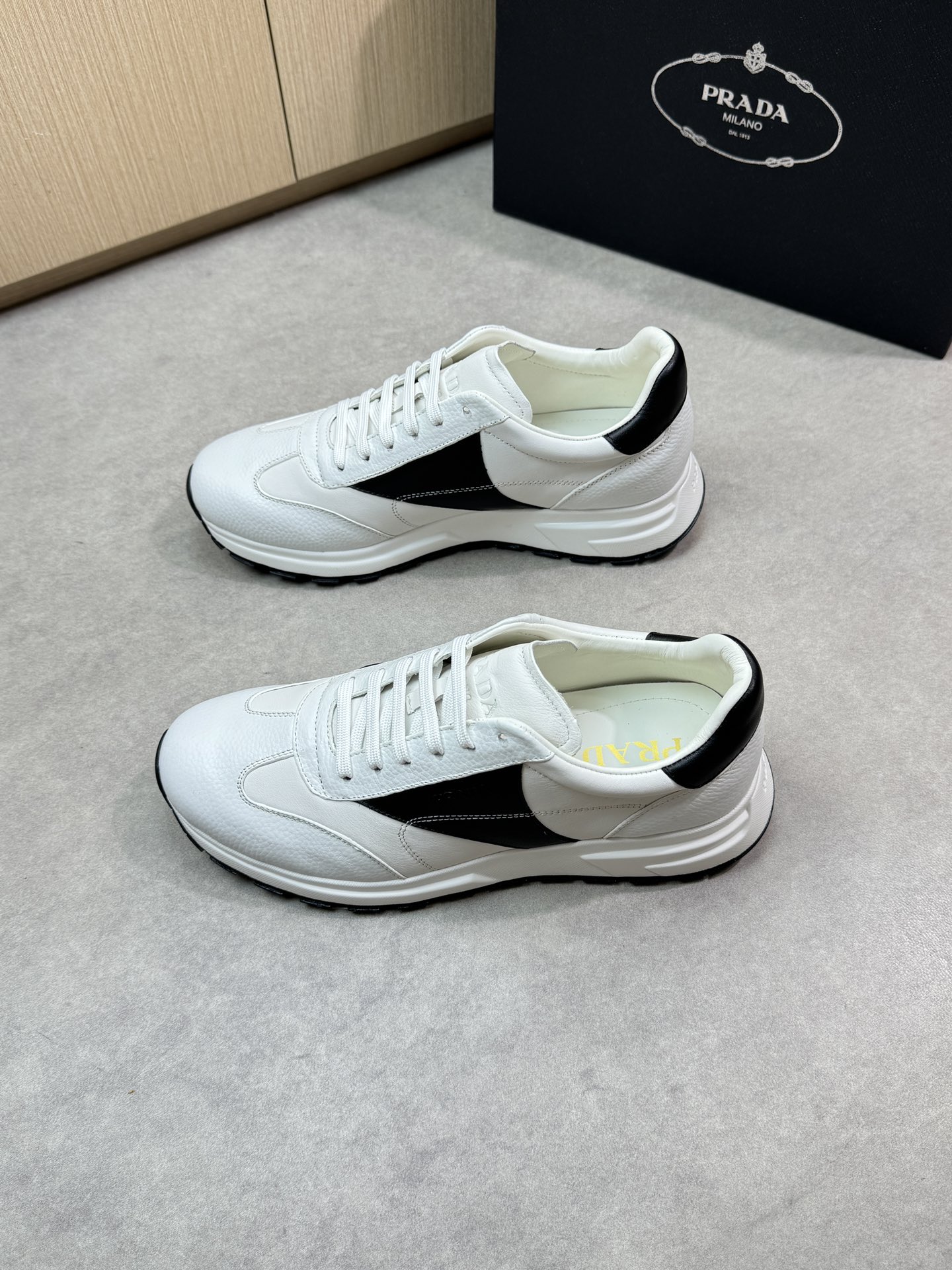 Prada Men's Nappa Leather Low-Top Sneakers - White/Black, Sizes 39-44 4 i1745083809 1844 2