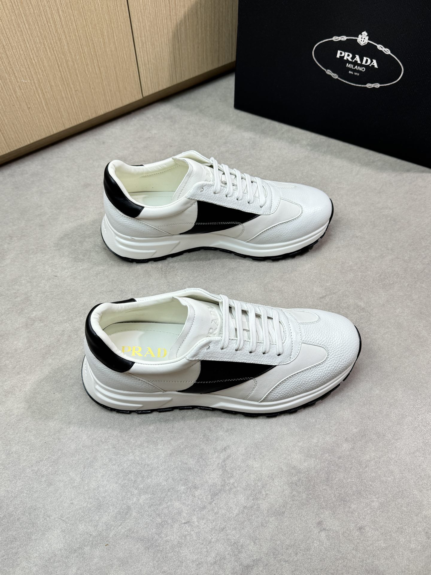 Prada Men's Nappa Leather Low-Top Sneakers - White/Black, Sizes 39-44 1 Prada Men's Nappa Leather Low-Top Sneakers - White/Black, Sizes 39-44