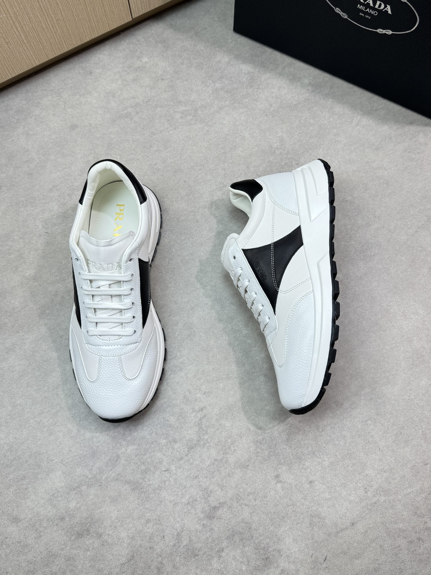 Prada Men's Nappa Leather Low-Top Sneakers - White/Black, Sizes 39-44 3 i1745083809 8546 1