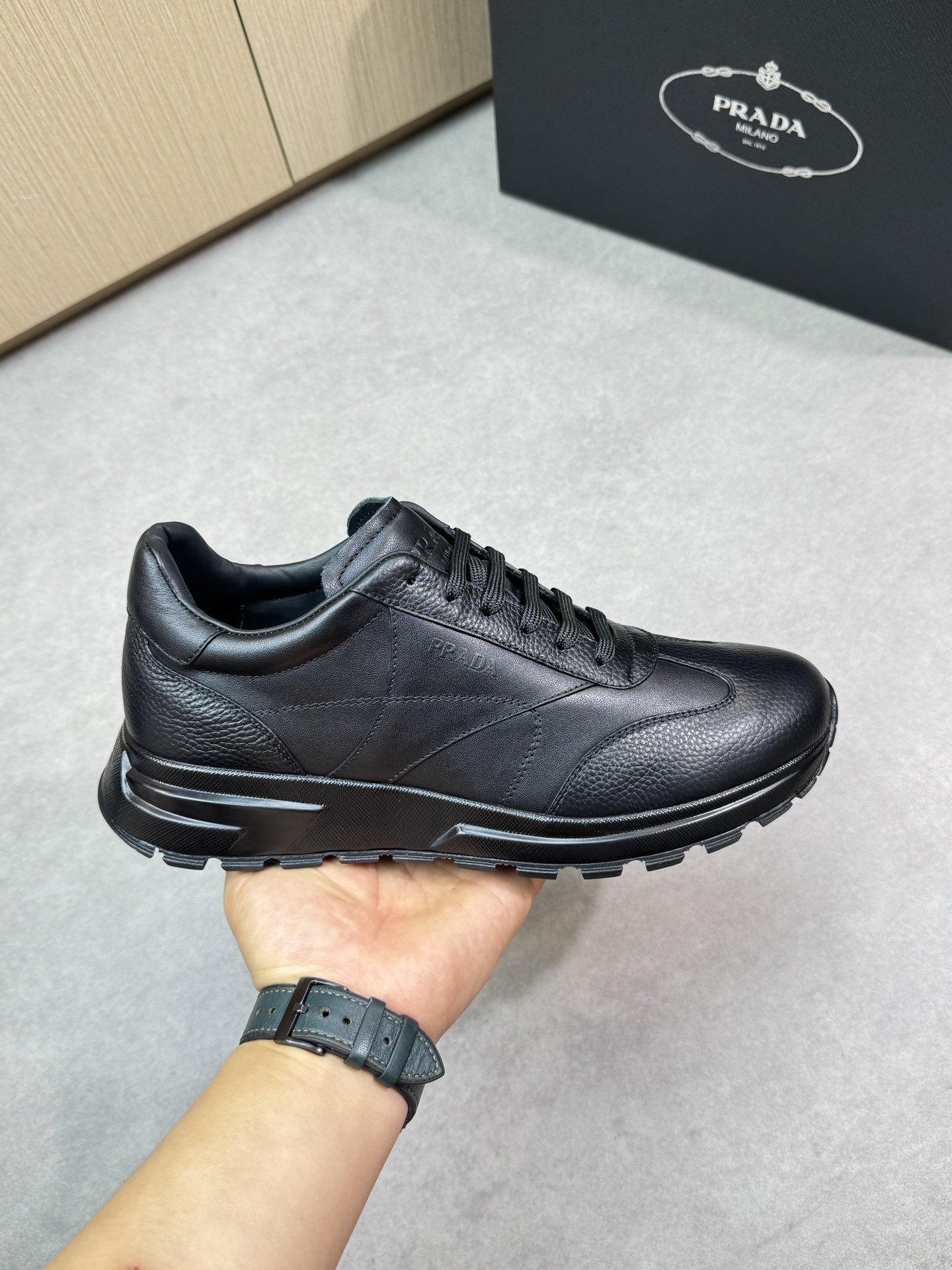 Prada Men's Leather Sneakers, Nappa and Calfskin, Black, Sizes 39-44 5 i1745083824 6606 3