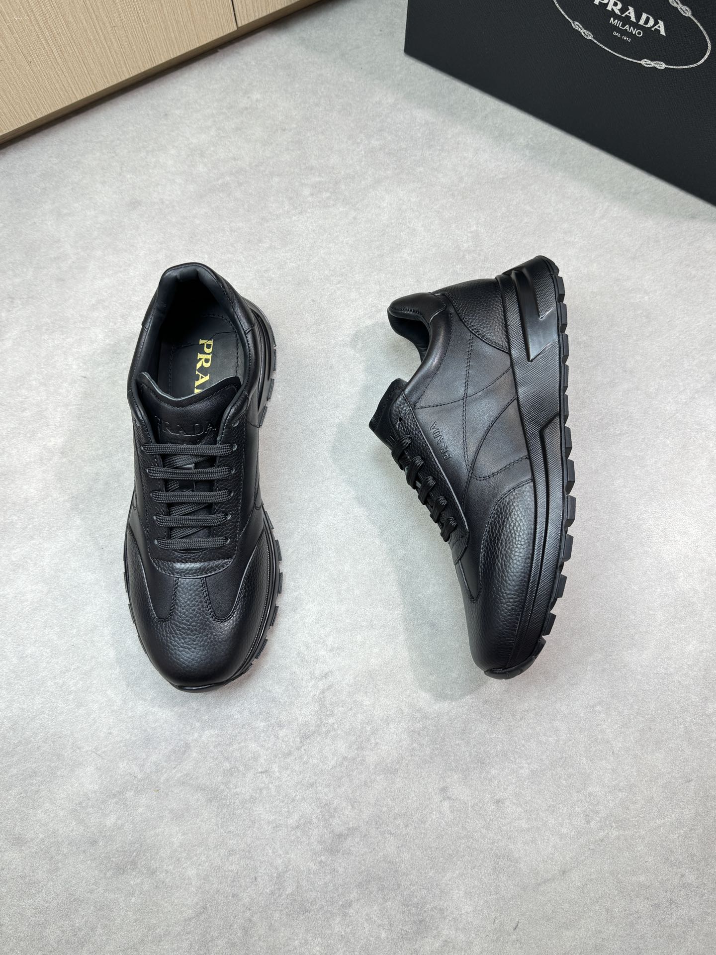 Prada Men's Leather Sneakers, Nappa and Calfskin, Black, Sizes 39-44 3 i1745083824 7342 1