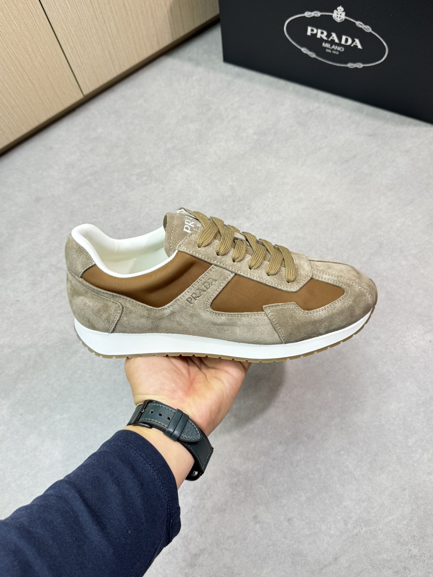 Prada Men's Suede and Canvas Lace-Up Sneakers in Brown 5 i1745084633 2400 3