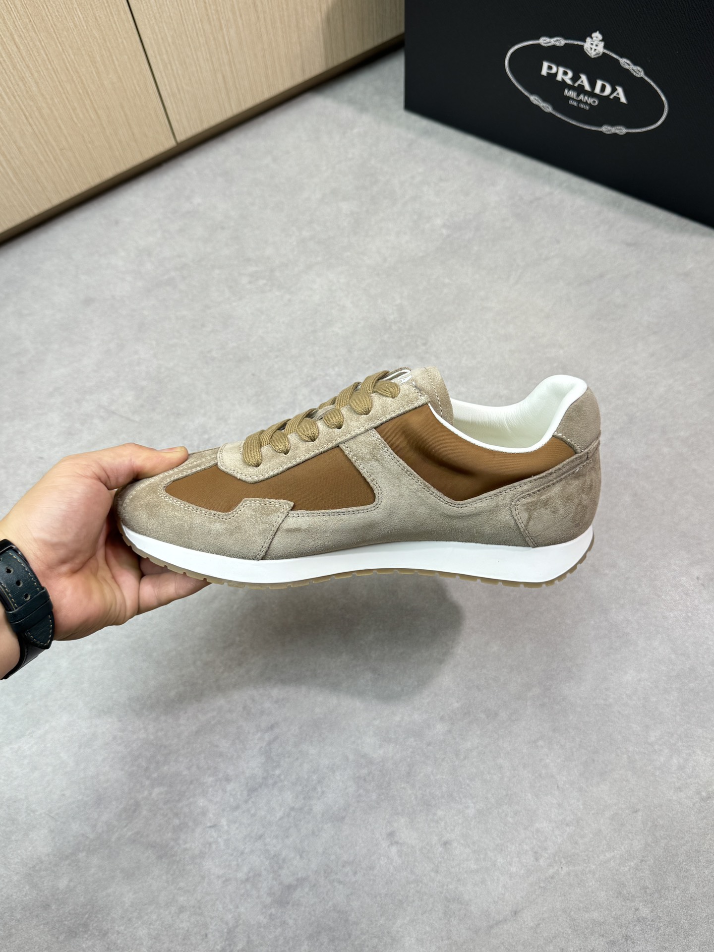 Prada Men's Suede and Canvas Lace-Up Sneakers in Brown 6 i1745084633 6428 4