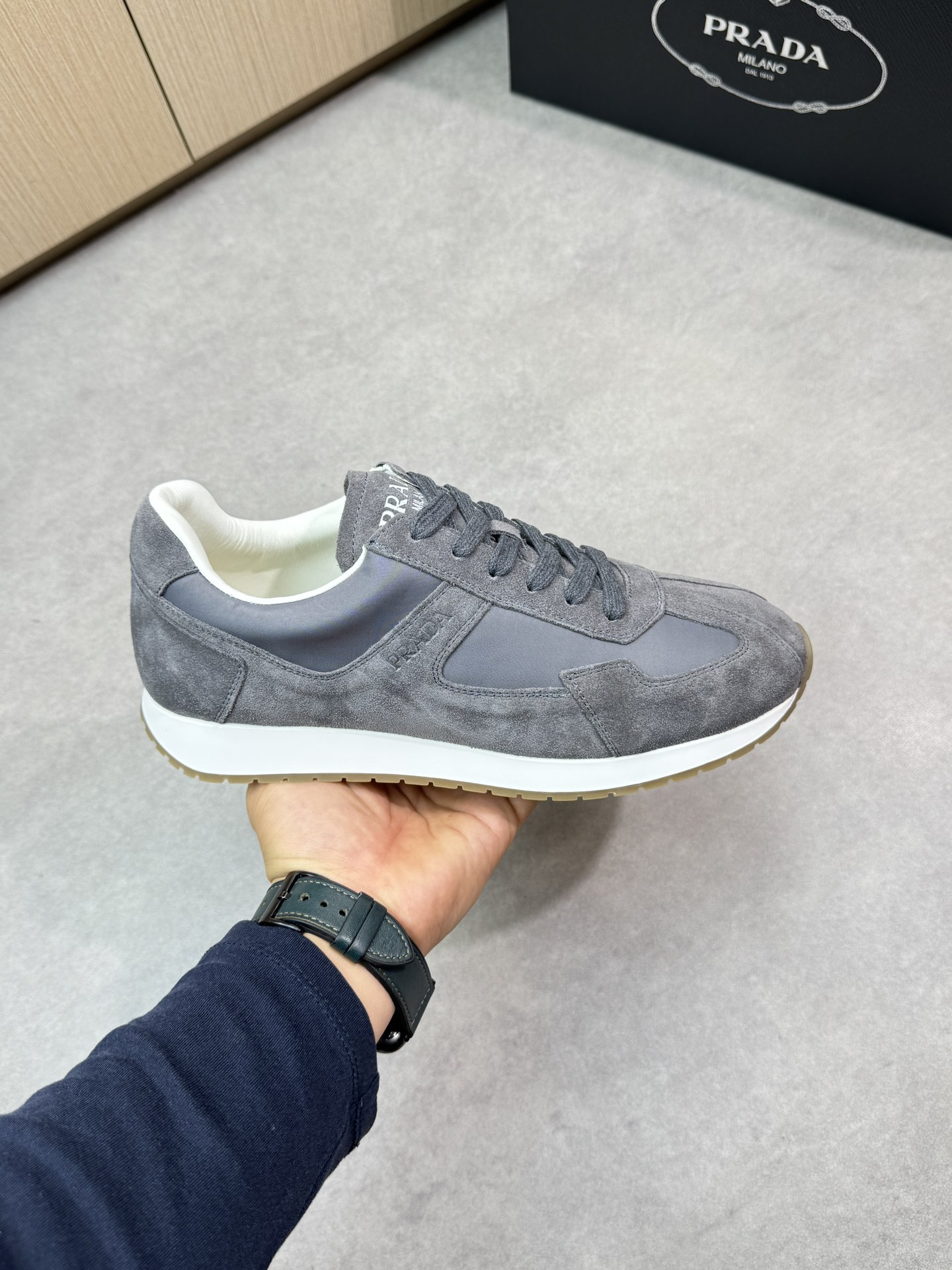 Prada Men's Gray Suede & Canvas Lace-Up Sneakers, Sizes 38-44 5 i1745084664 8969 3