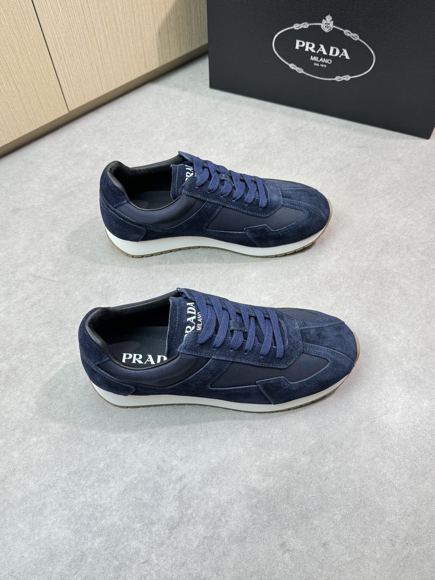 Prada Men's Blue Suede and Canvas Casual Sneakers - Comfortable & Stylish 1 Prada Men's Blue Suede and Canvas Casual Sneakers - Comfortable & Stylish