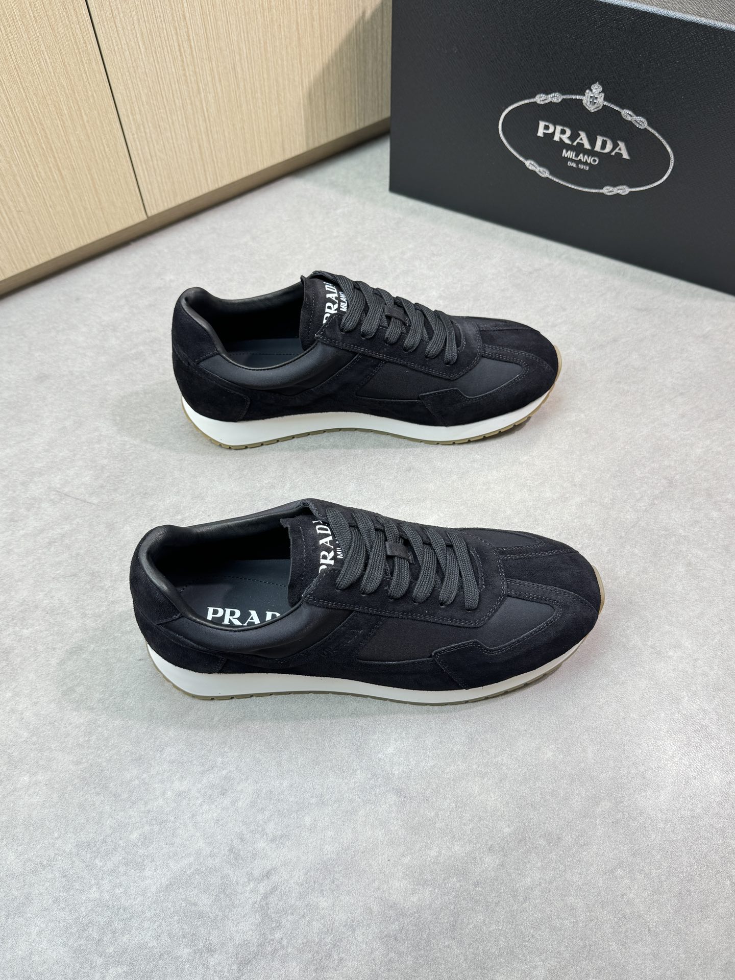 Prada Men's Suede & Canvas Sneakers, Black, Sizes 38-44, Original Quality 2 i1745084697 1931 0