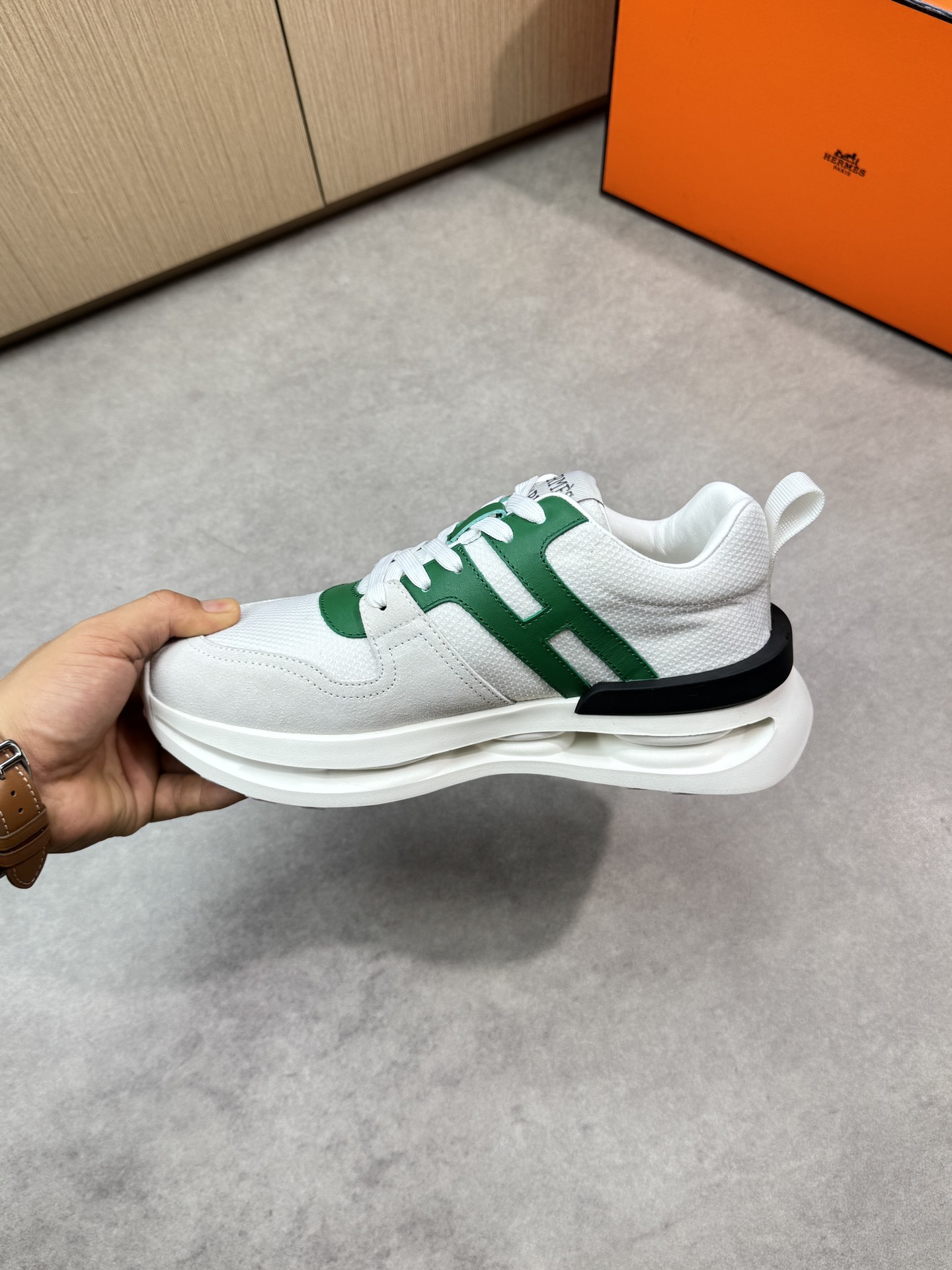 Hermes Men's White & Green Nappa Leather Casual Sneakers, Size 39-44 6 i1746379799 6063 4